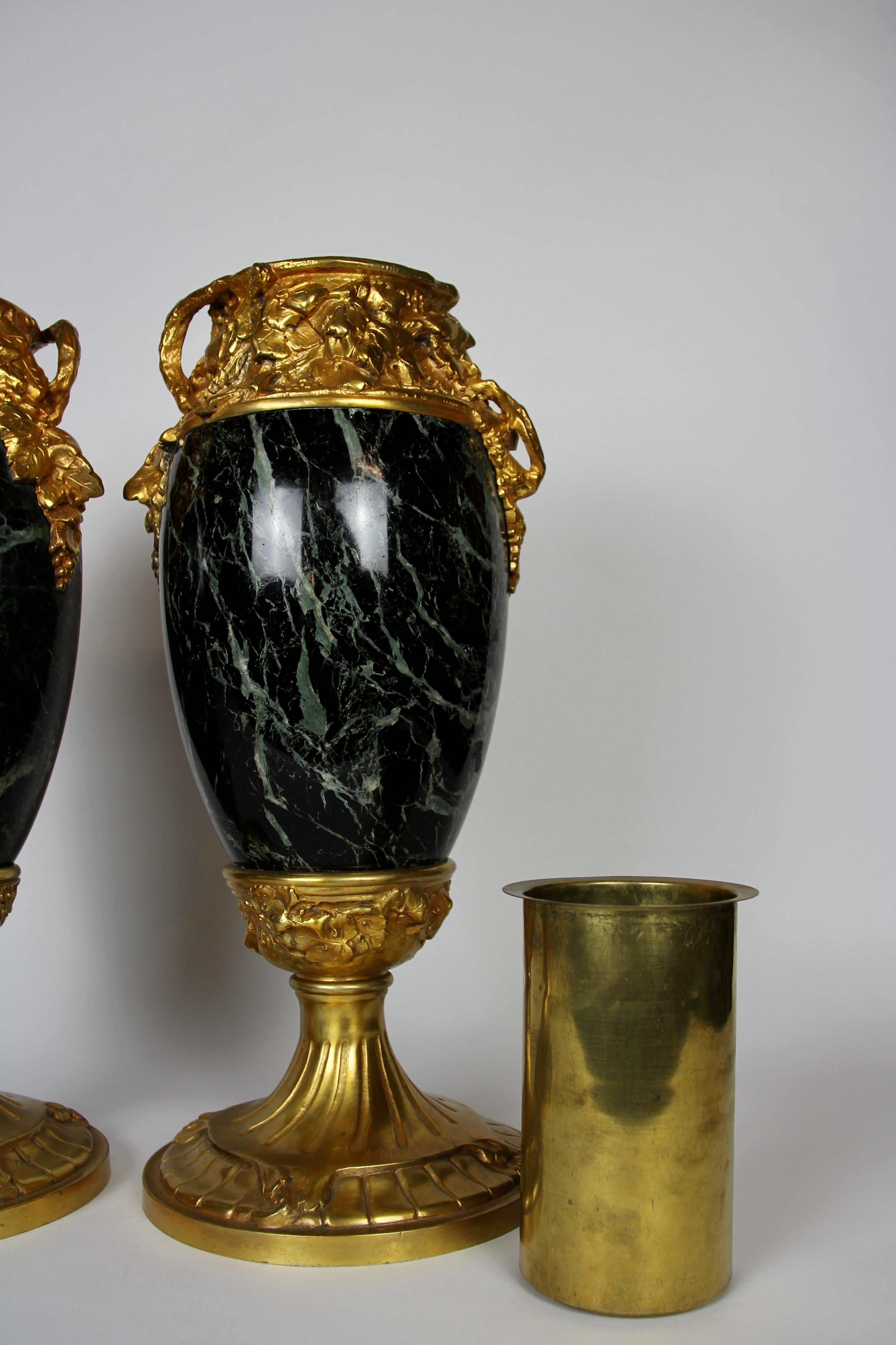 Pr. Louis Art Nouveau Dore Bronze Mounted Verde Antico Marble Vases A. Marionnet For Sale 1