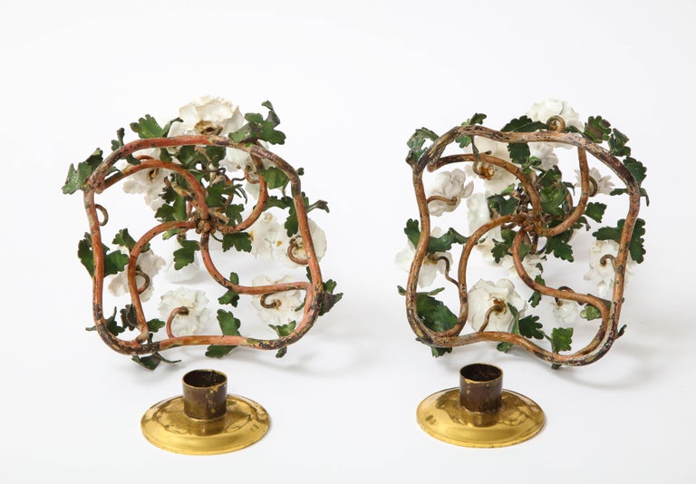 Pr. Louis XV Patinated Tole Candle Sticks Embellished w/ White Porcelain Flowers For Sale 6