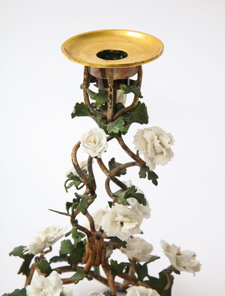 Pr. Louis XV Patinated Tole Candle Sticks Embellished w/ White Porcelain Flowers For Sale 8
