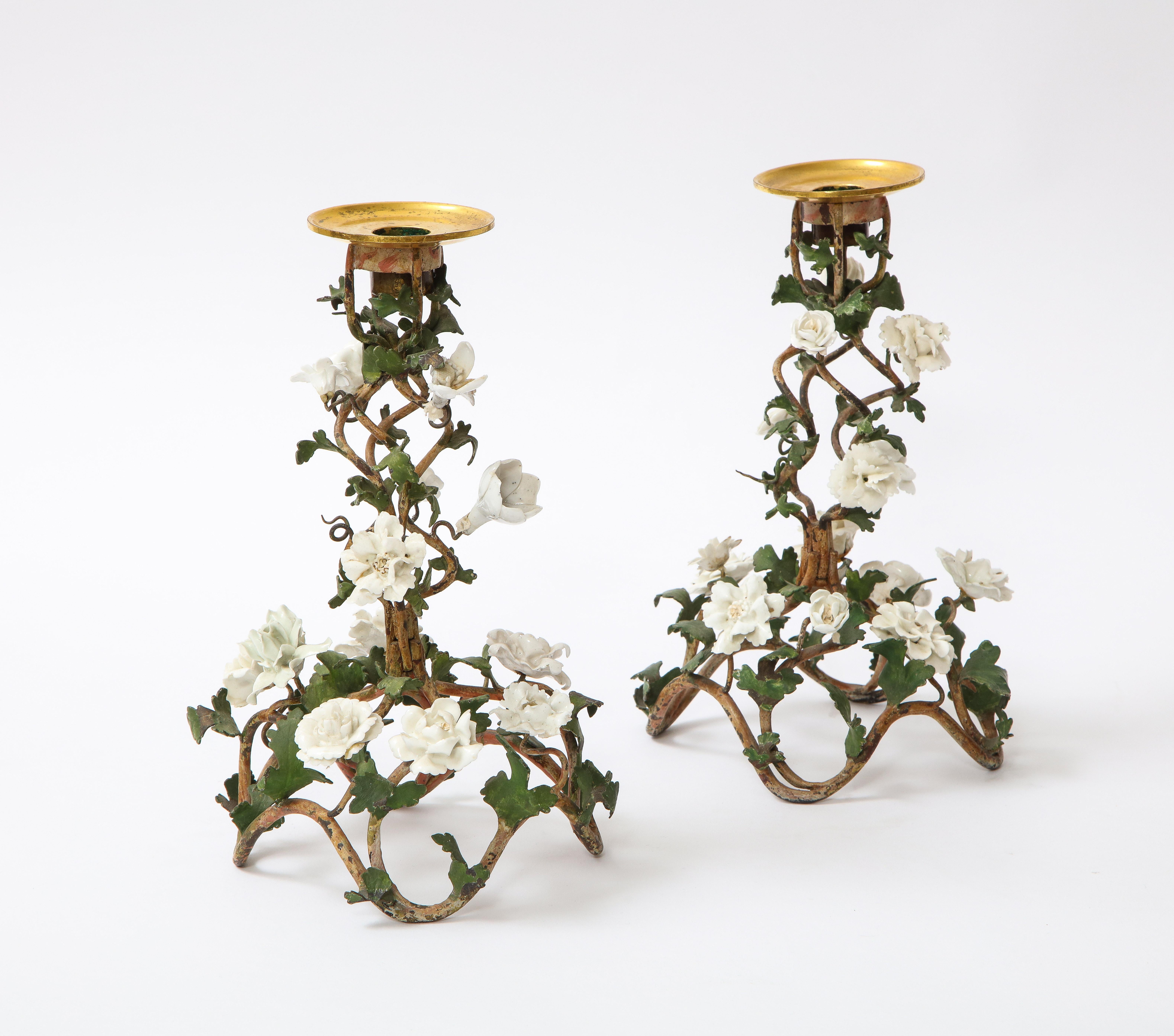 French Pr. Louis XV Patinated Tole Candle Sticks Embellished w/ White Porcelain Flowers