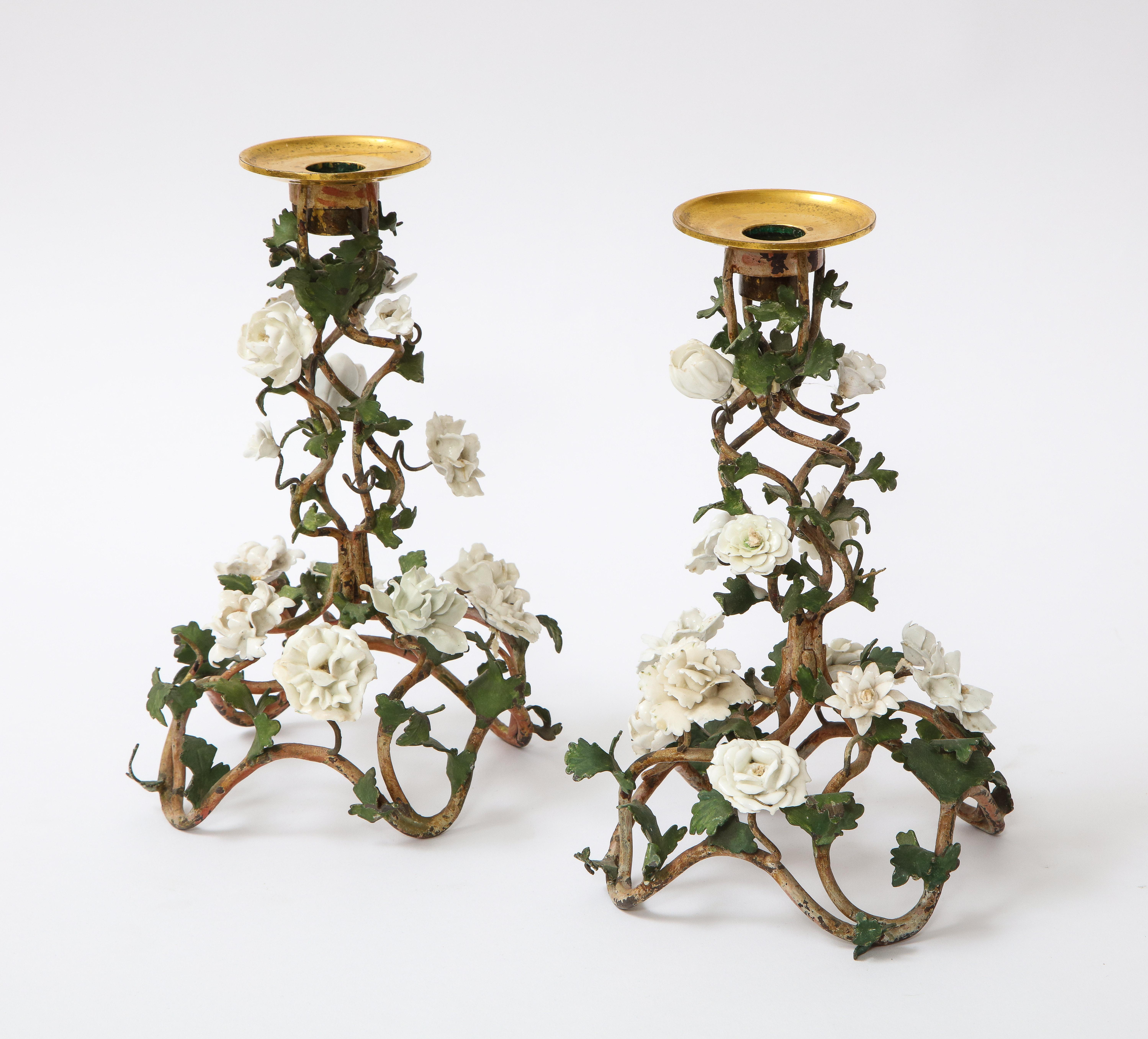 Pr. Louis XV Patinated Tole Candle Sticks Embellished w/ White Porcelain Flowers In Good Condition In New York, NY