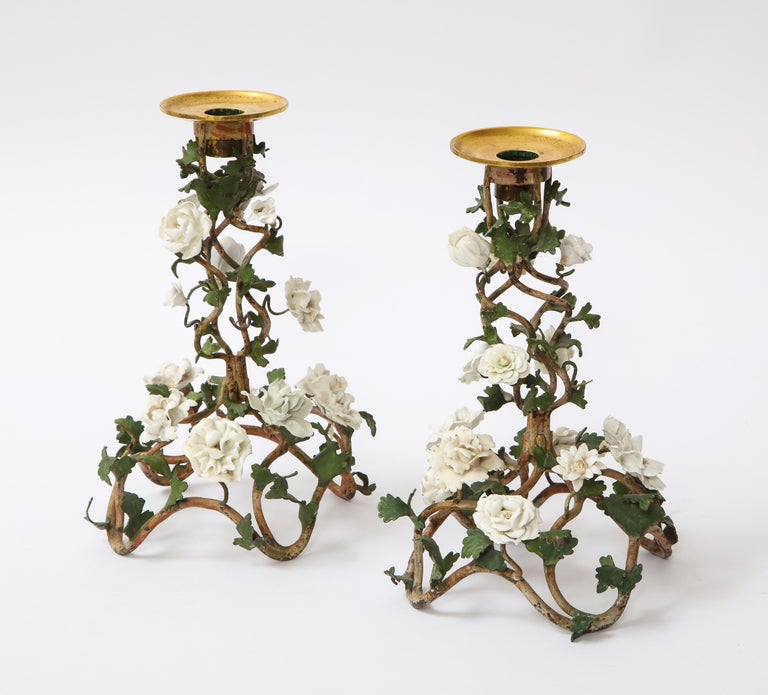 Pr. Louis XV Patinated Tole Candle Sticks Embellished w/ White Porcelain Flowers In Good Condition For Sale In New York, NY