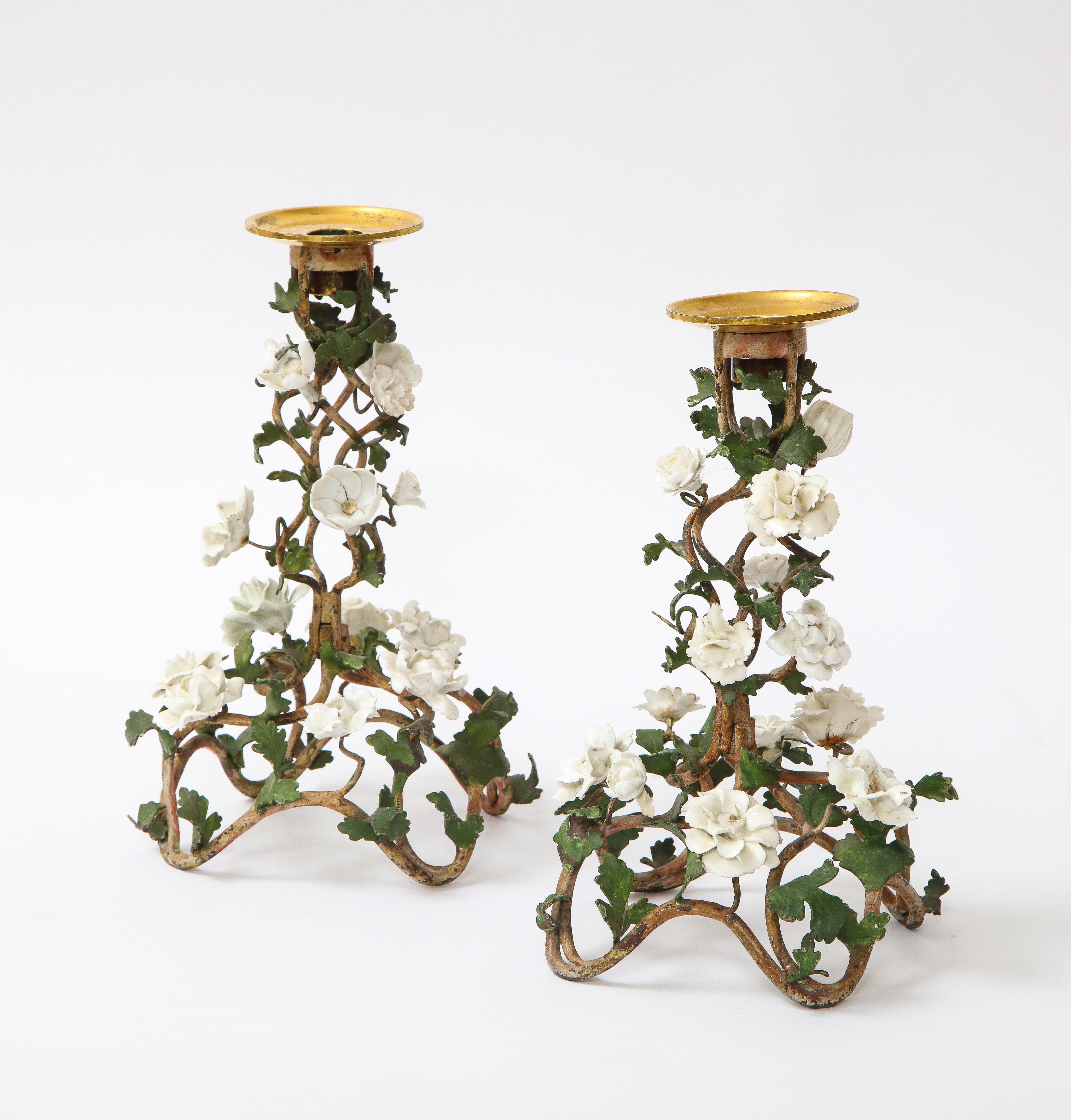 Mid-18th Century Pr. Louis XV Patinated Tole Candle Sticks Embellished w/ White Porcelain Flowers