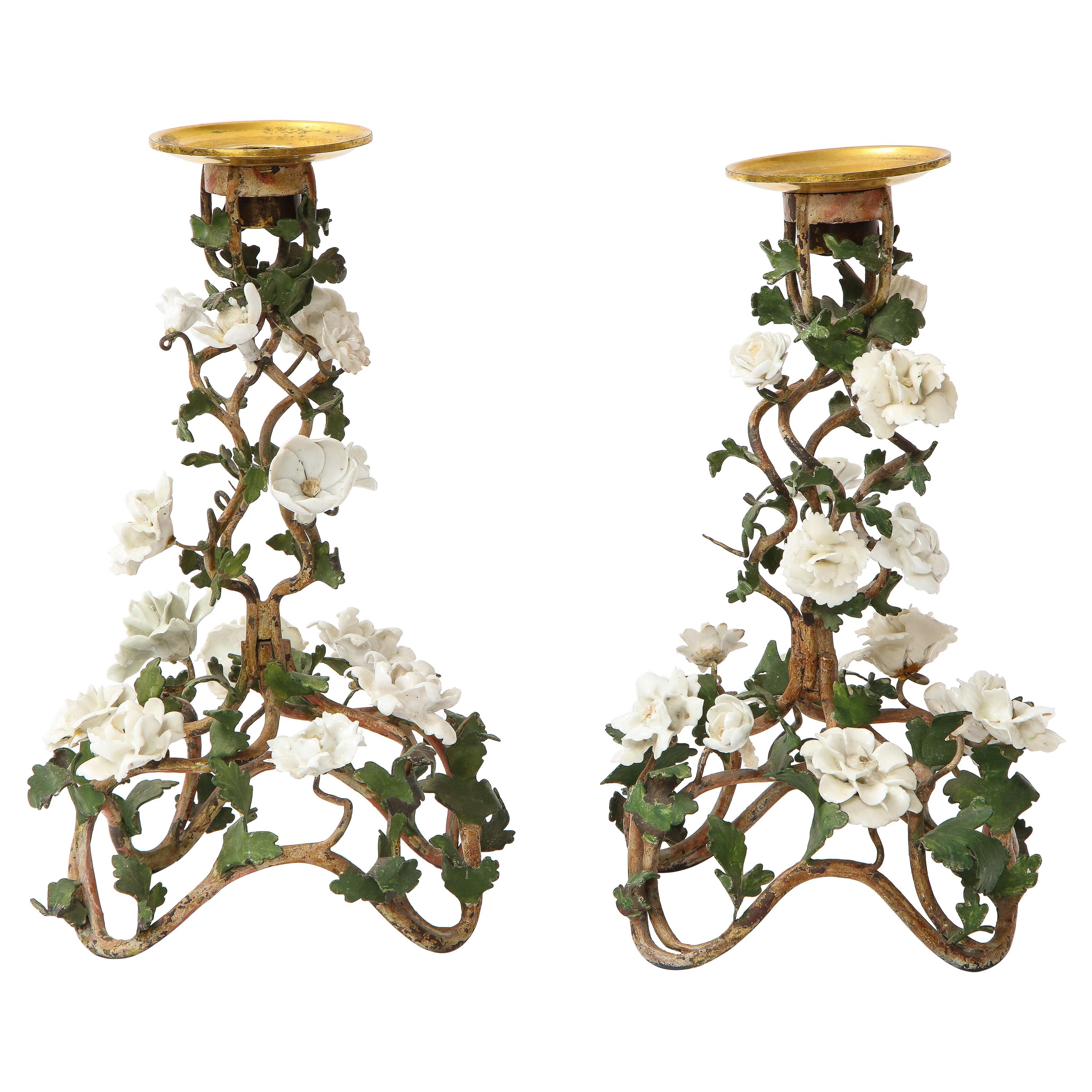 Pr. Louis XV Patinated Tole Candle Sticks Embellished w/ White Porcelain Flowers