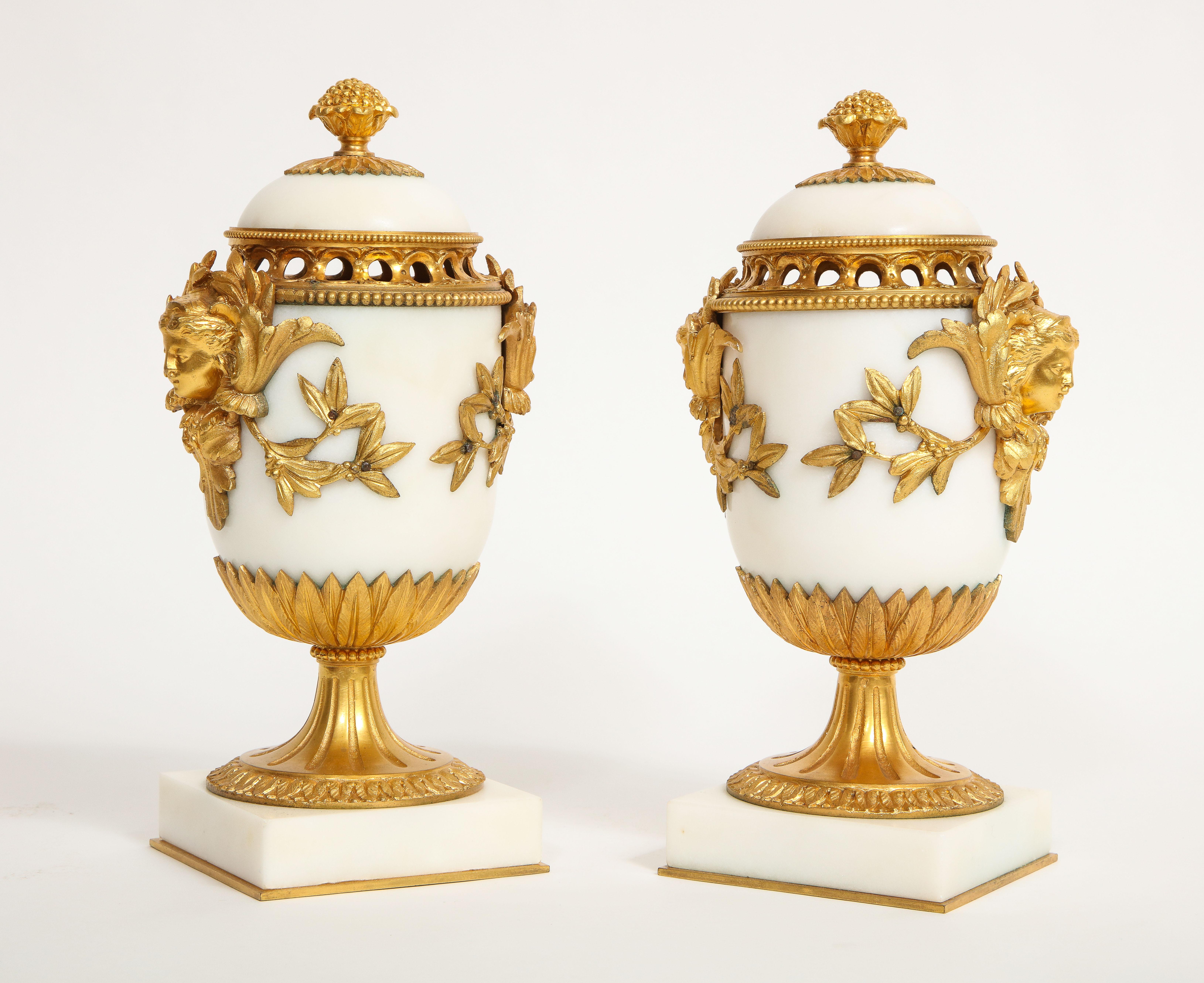 Pr. Louis XVI French Dore Bz. Mntd Carrara Marble Potpourri's, Att. Henry Dasson In Good Condition For Sale In New York, NY