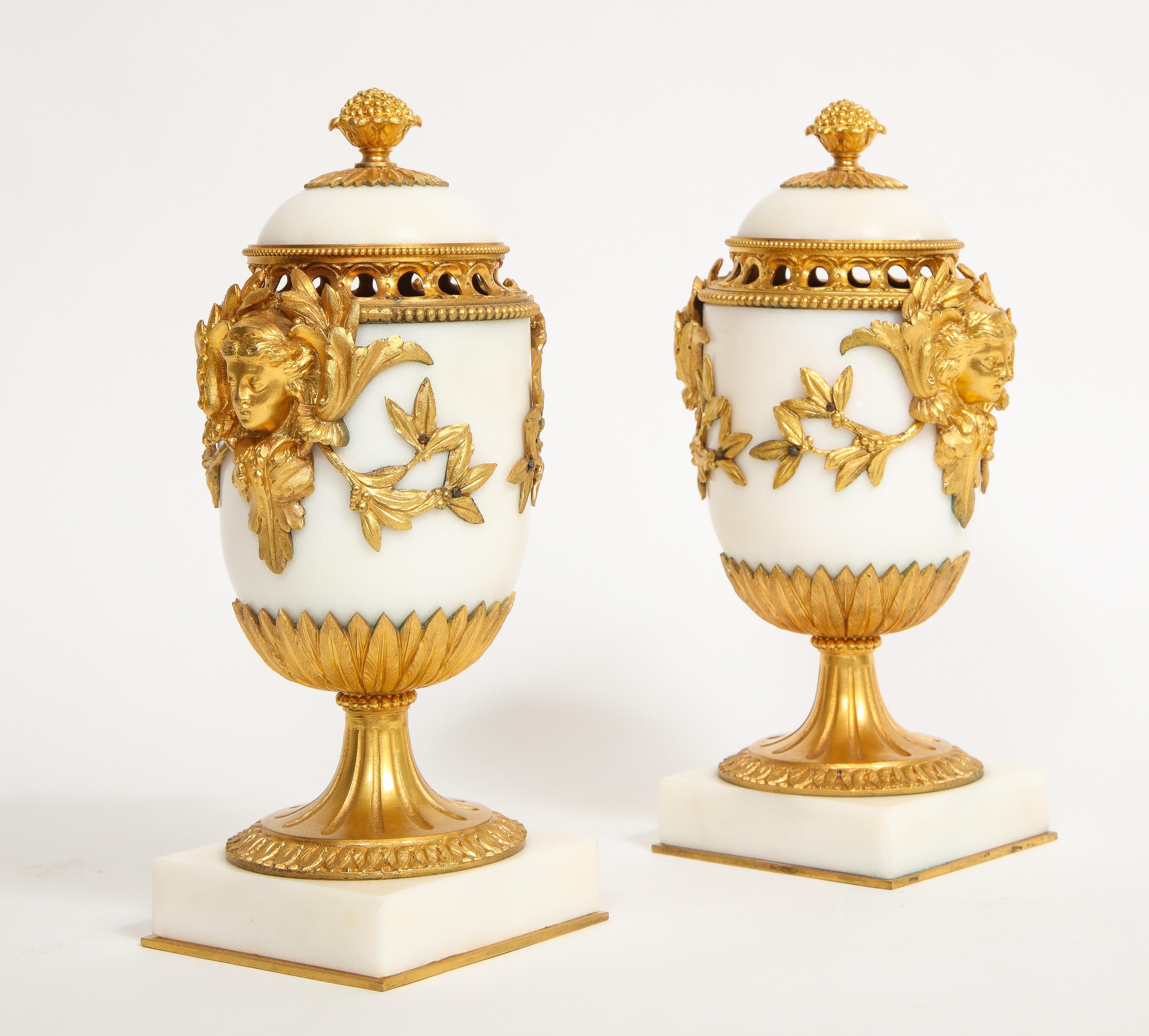 Bronze Pr. Louis XVI French Dore Bz. Mntd Carrara Marble Potpourri's, Att. Henry Dasson For Sale