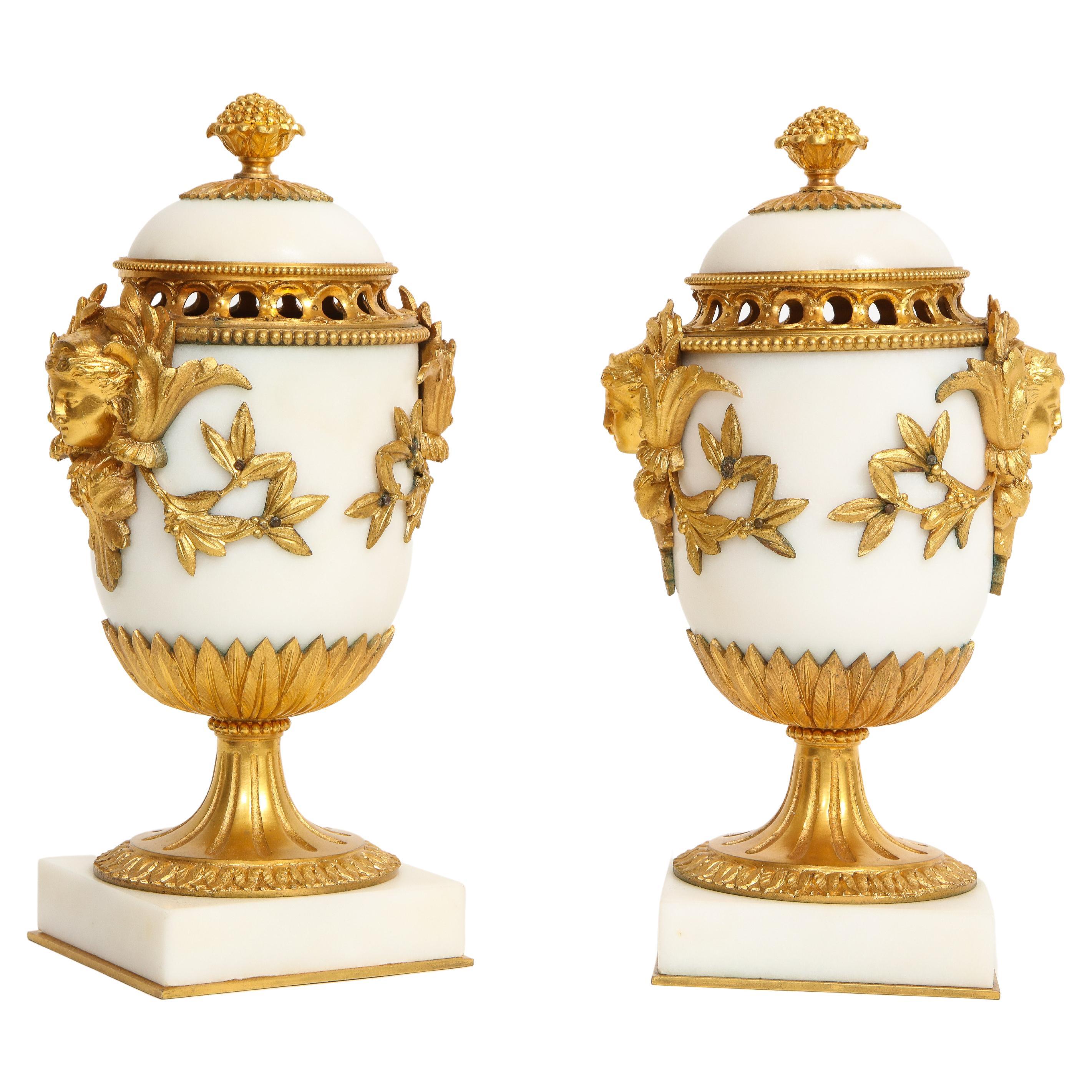 Pr. Louis XVI French Dore Bz. Mntd Carrara Marble Potpourri's, Att. Henry Dasson