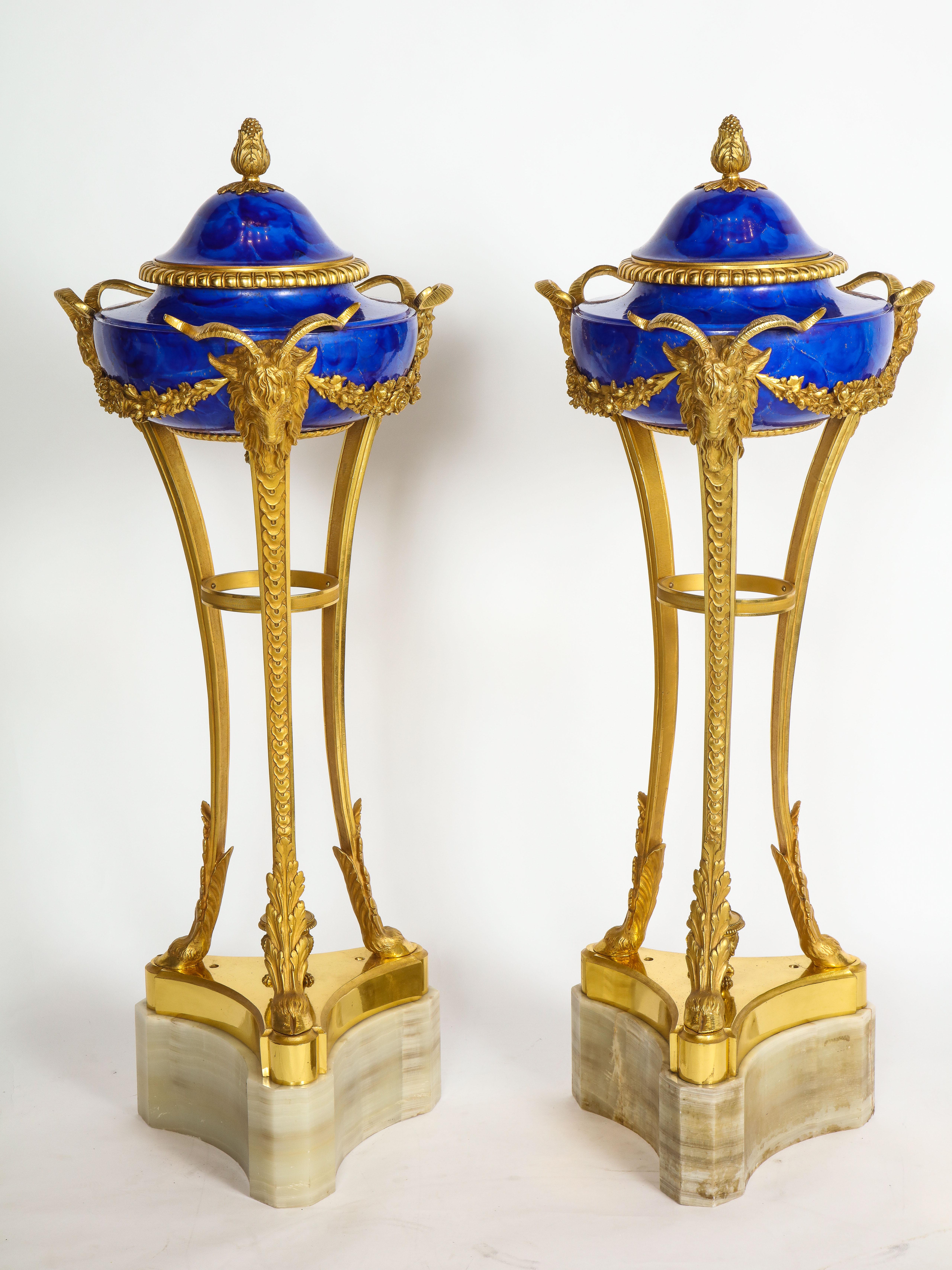Gilt Pr Louis XVI Style Dore Bronze Mtd Faux Lapis Lazuli Sevres Athenians/Cassoulets For Sale