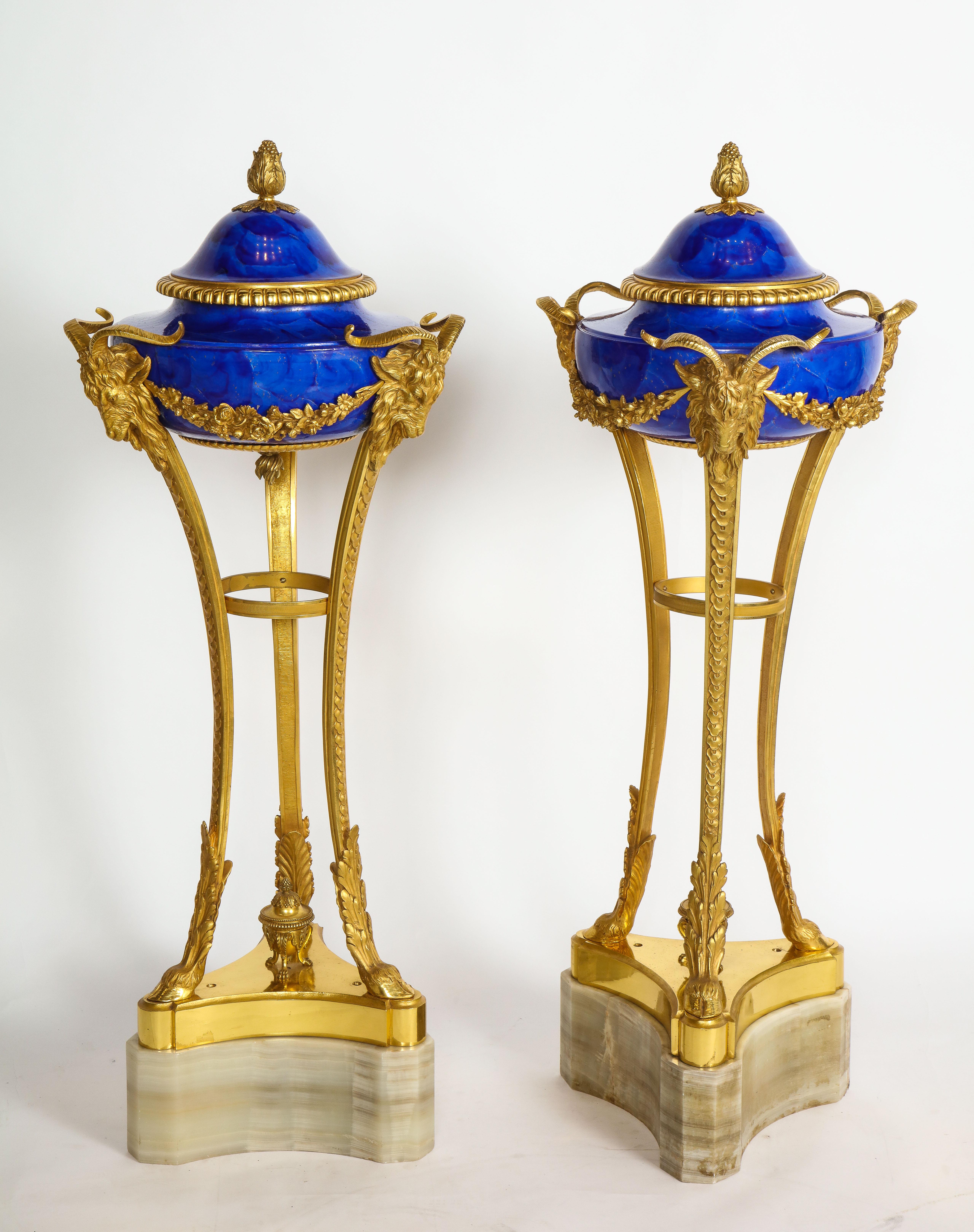 Pr Louis XVI Style Dore Bronze Mtd Faux Lapis Lazuli Sevres Athenians/Cassoulets In Good Condition For Sale In New York, NY