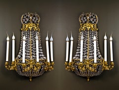 Pr. Magnificent Large 19th C. French Louis XVI Ormolu & Crystal Wall Sconces