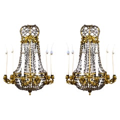Pr. Magnificent Large 19th C. French Louis XVI Ormolu & Crystal Wall Sconces