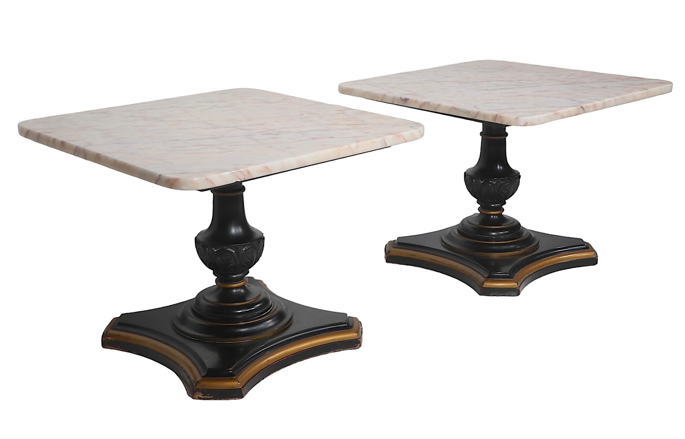 20th Century Pr. Marble Top  Neo Classical Hollywood Regency Side End Tables c 1940-1960's For Sale