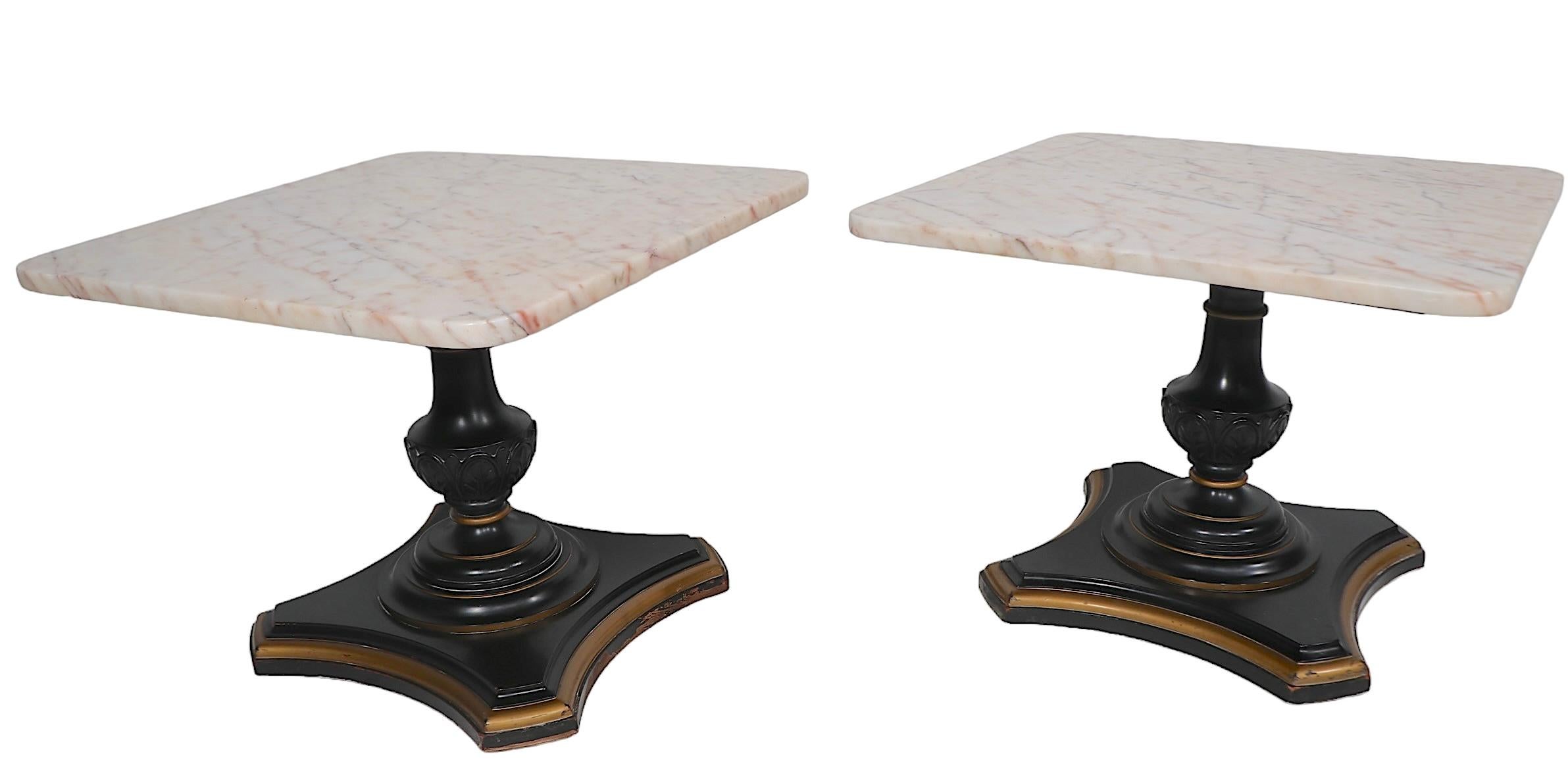 Pr. Marble Top  Neo Classical Hollywood Regency Side End Tables c 1940-1960's For Sale 3