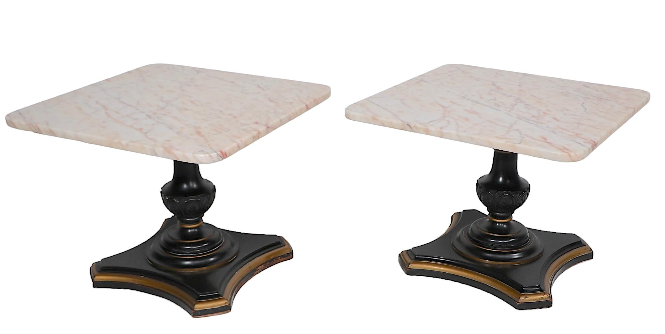 Pr. Marble Top  Neo Classical Hollywood Regency Side End Tables c 1940-1960's For Sale 4