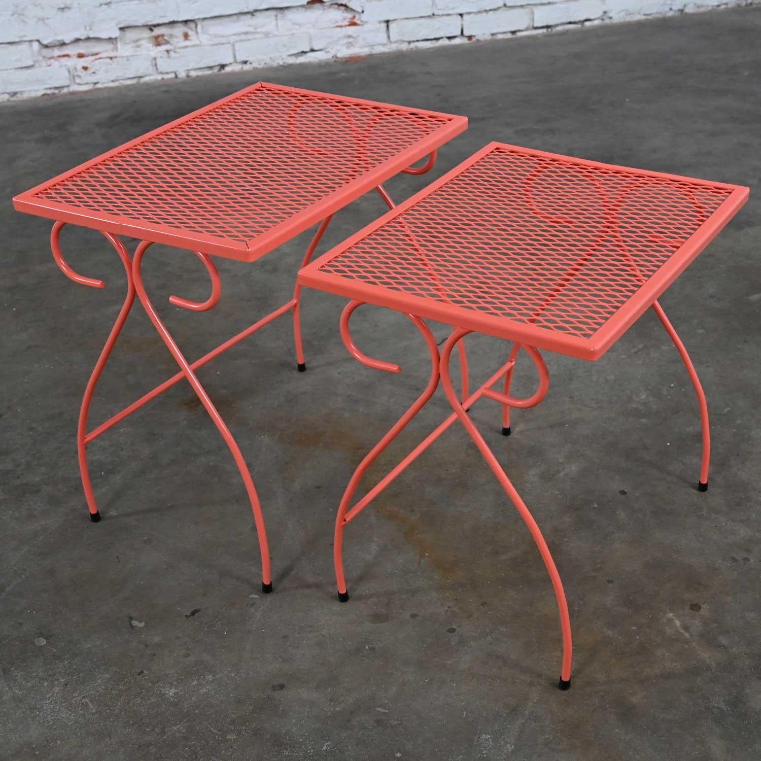 Unknown Pr MCM Coral Painted Outdoor Nesting Side Tables Metal Wire & Expanded Metal Top For Sale