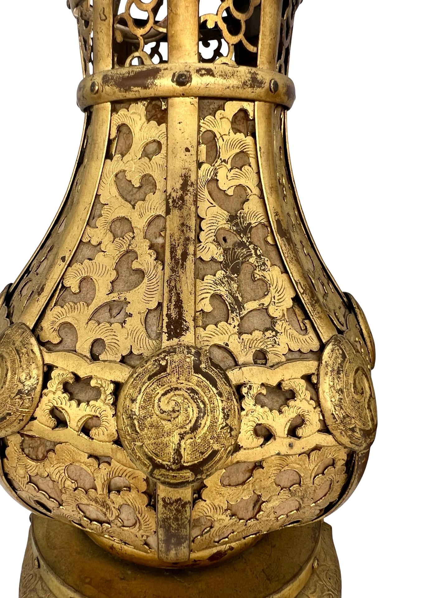 Pr, Meiji Period Japanese Gilt Bronze & Parchment Pierced Lanterns Hang Or Table For Sale 12