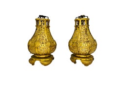 Pr, Meiji Period Japanese Gilt Bronze & Parchment Pierced Lanterns Hang Or Table