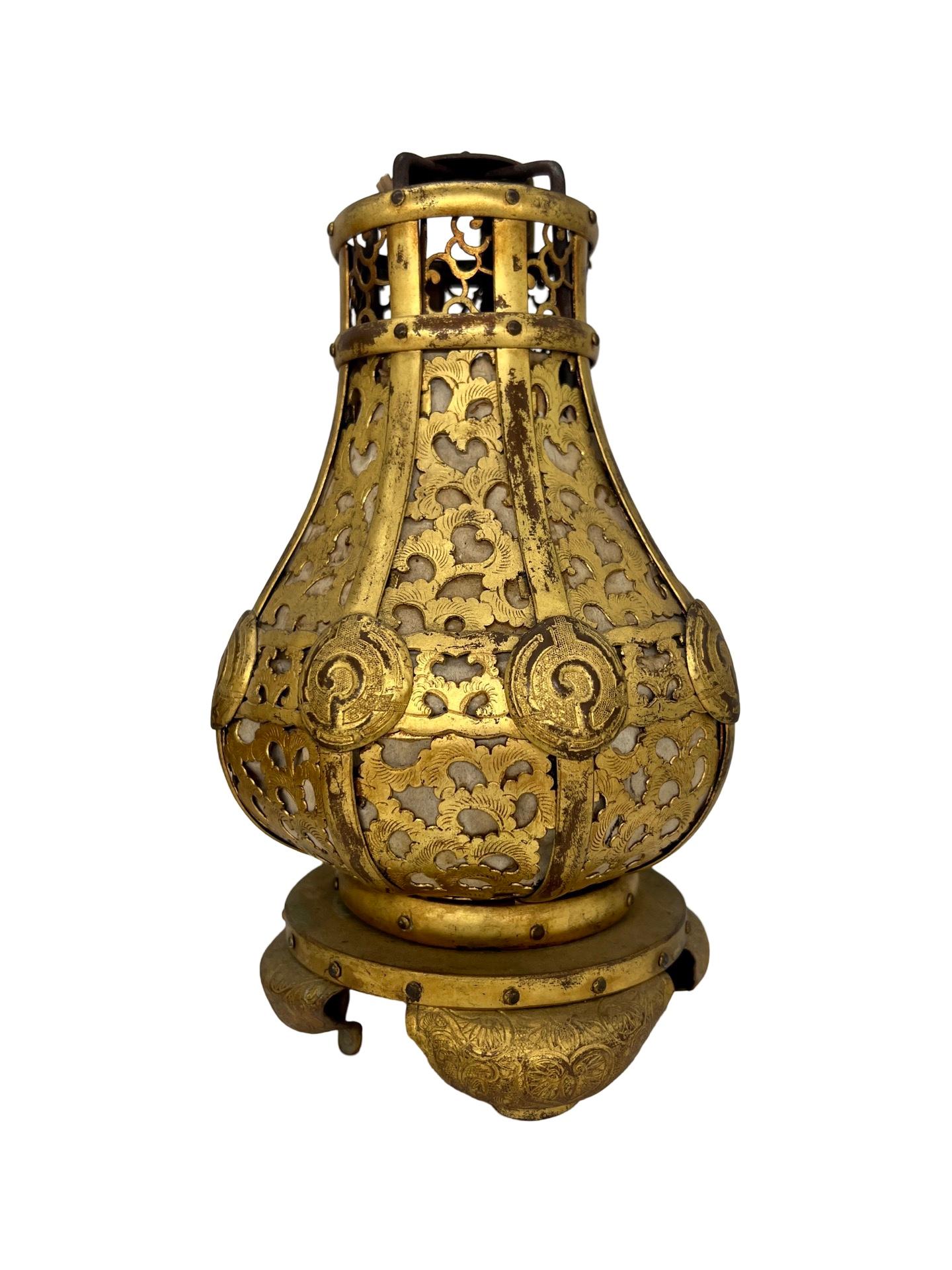 Pr, Meiji Period Japanese Gilt Bronze & Parchment Pierced Lanterns Hang Or Table In Good Condition For Sale In Atlanta, GA