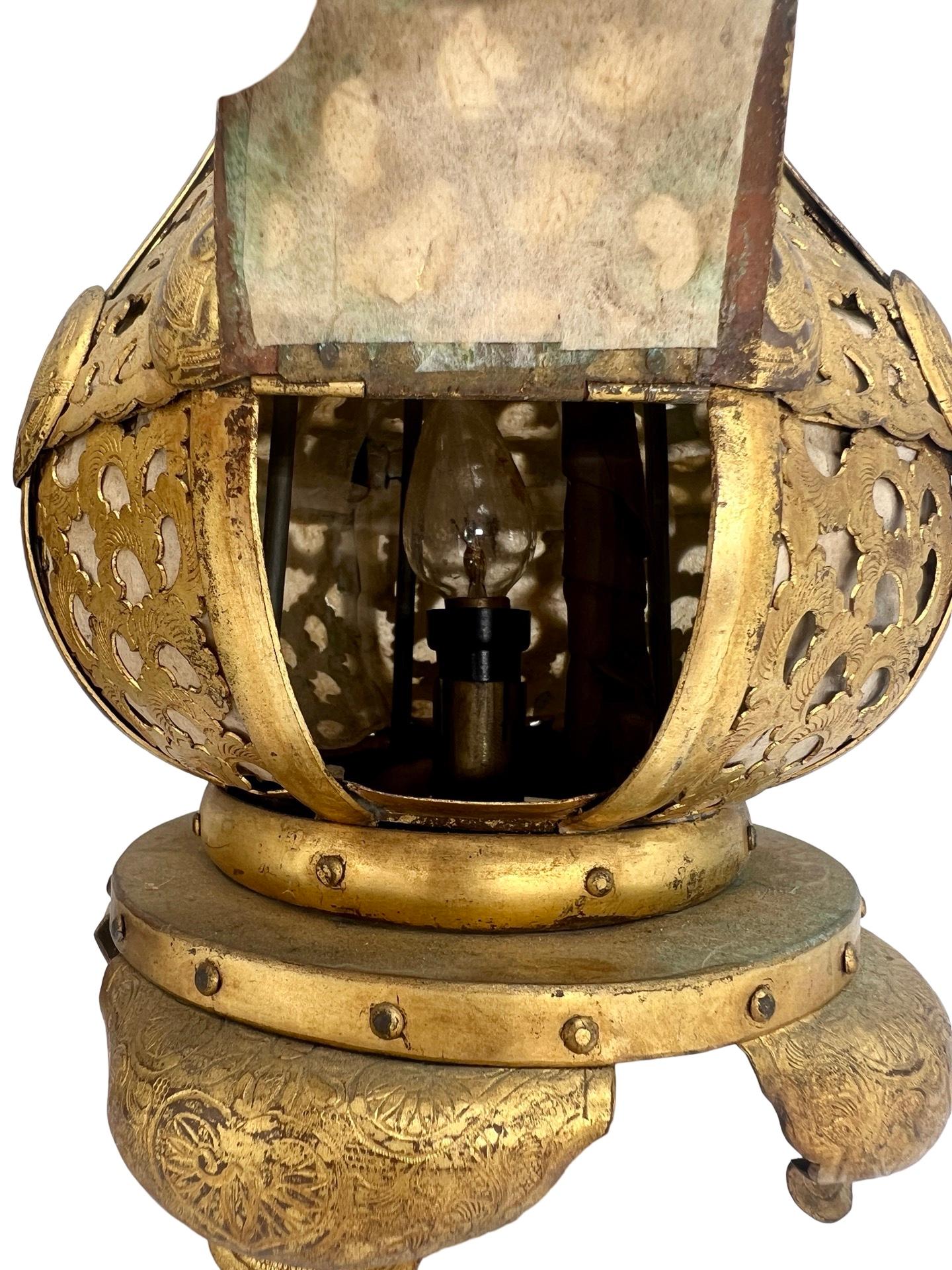 19th Century Pr, Meiji Period Japanese Gilt Bronze & Parchment Pierced Lanterns Hang Or Table For Sale