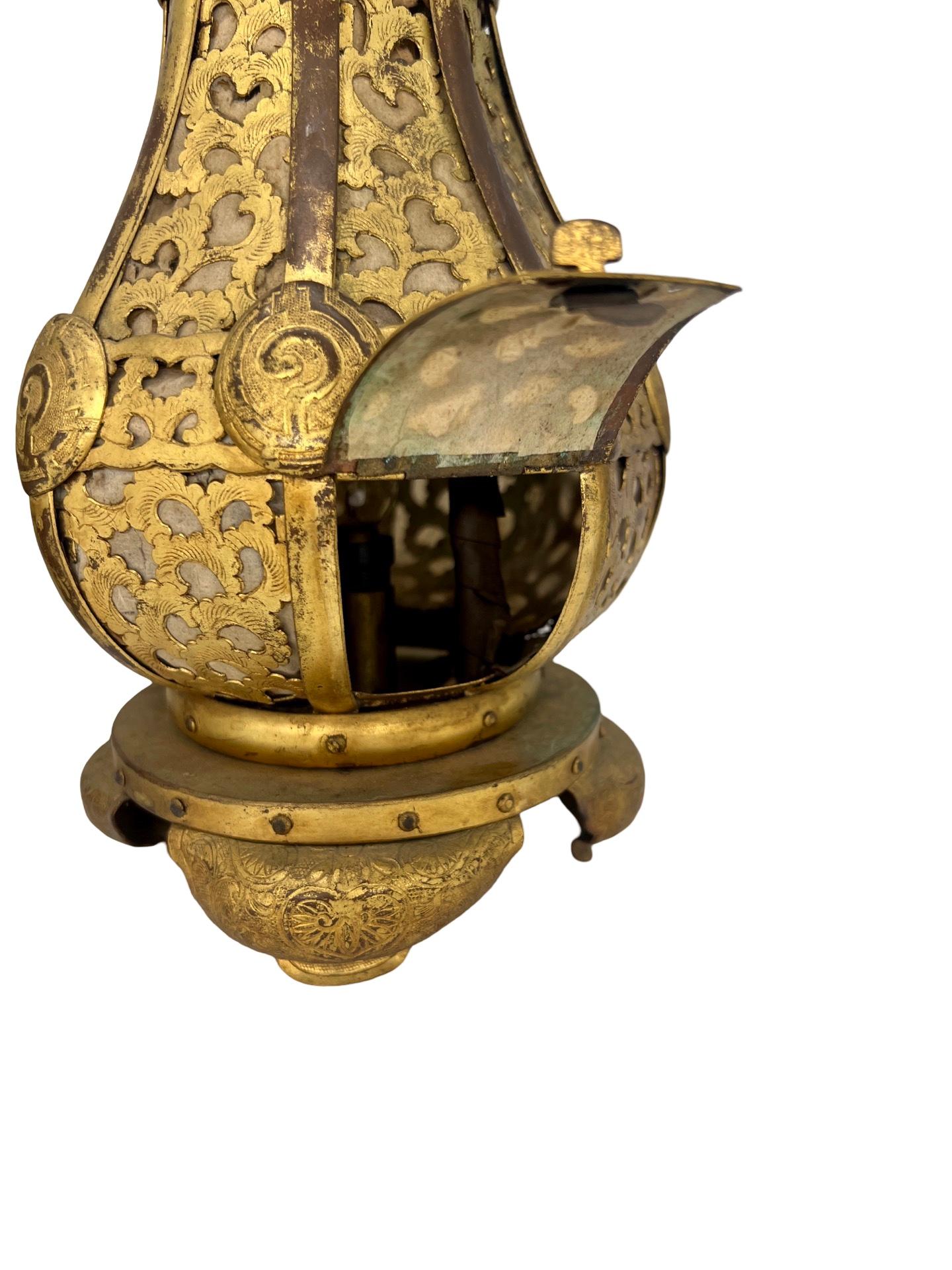 Brass Pr, Meiji Period Japanese Gilt Bronze & Parchment Pierced Lanterns Hang Or Table For Sale