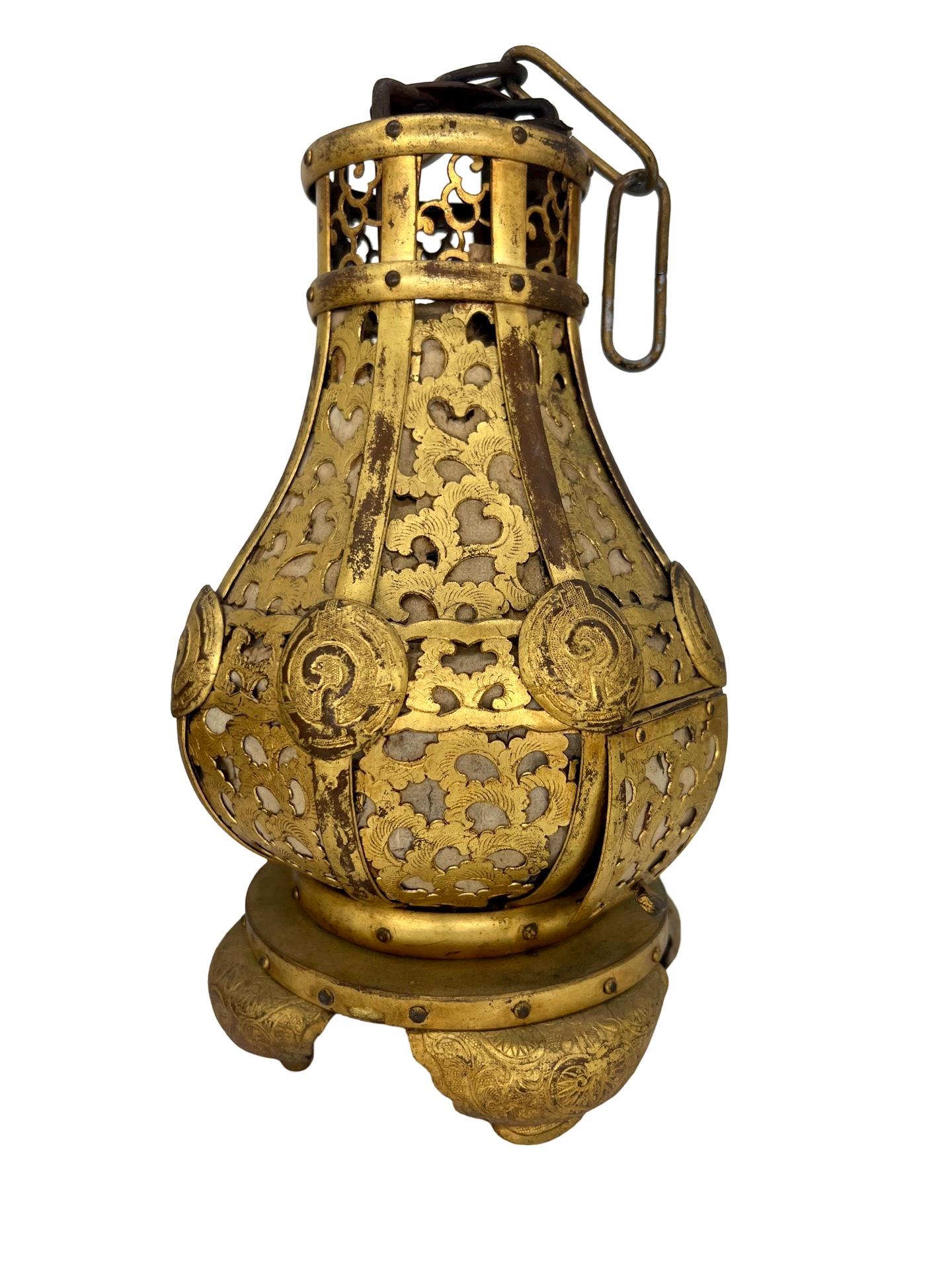 Pr, Meiji Period Japanese Gilt Bronze & Parchment Pierced Lanterns Hang Or Table For Sale 1
