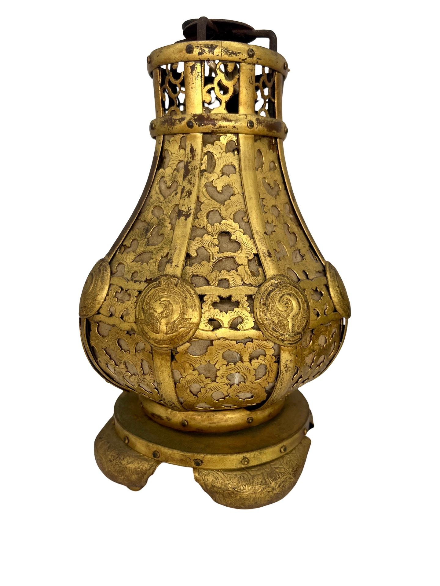 Pr, Meiji Period Japanese Gilt Bronze & Parchment Pierced Lanterns Hang Or Table For Sale 2