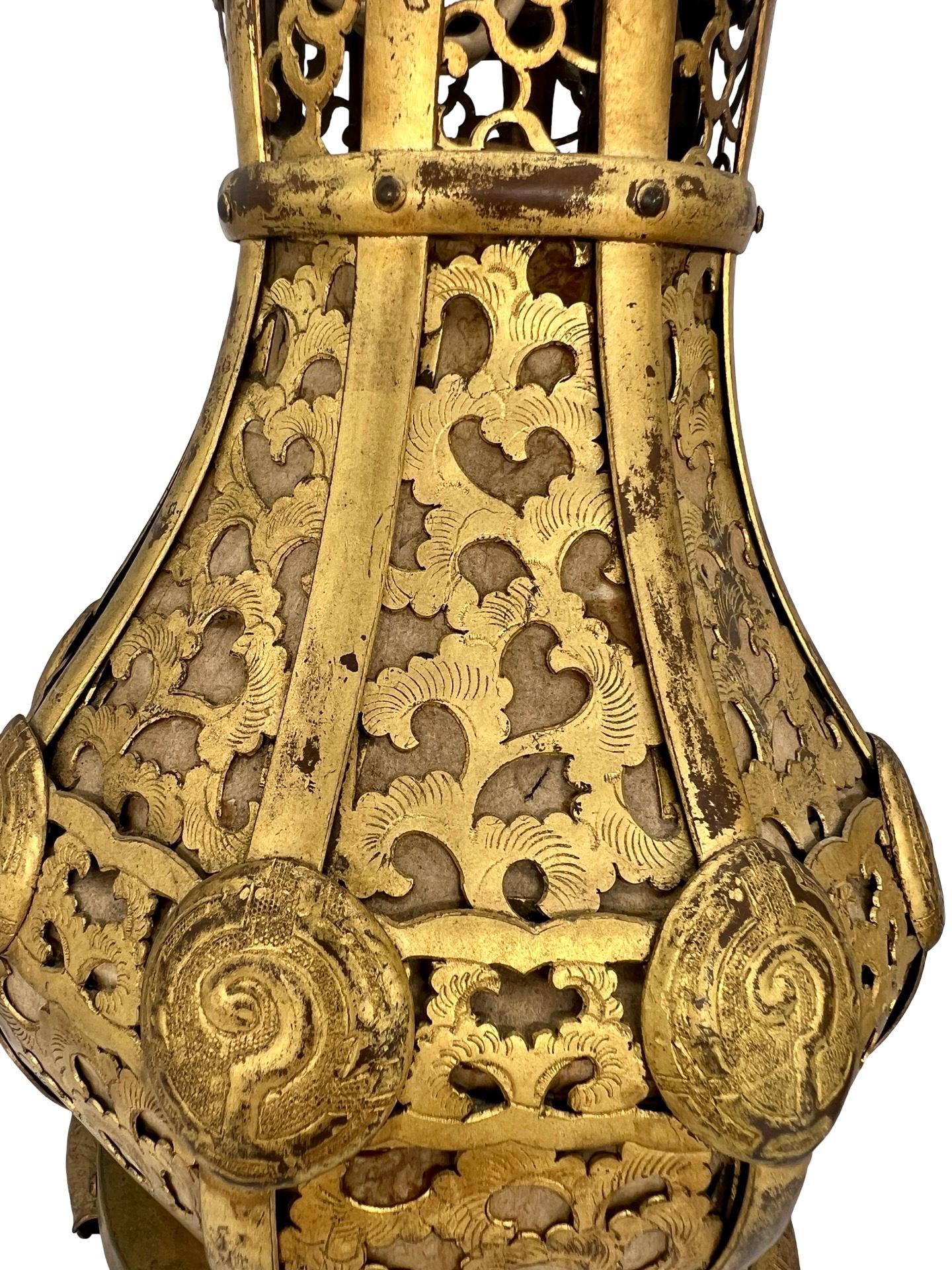 Pr, Meiji Period Japanese Gilt Bronze & Parchment Pierced Lanterns Hang Or Table For Sale 3