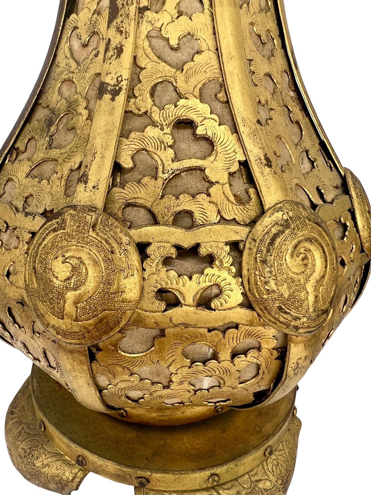 Pr, Meiji Period Japanese Gilt Bronze & Parchment Pierced Lanterns Hang Or Table For Sale 4