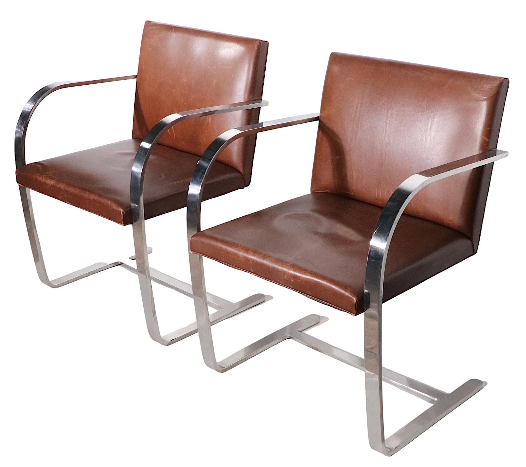 Pr. Meis Van Der Rohe Designed Brno Chairs by Knoll in Brown Leather 5