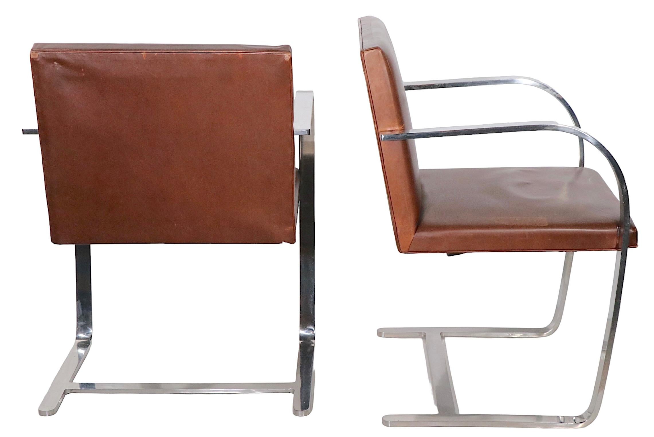 International Style Pr. Meis Van Der Rohe Designed Brno Chairs by Knoll in Brown Leather