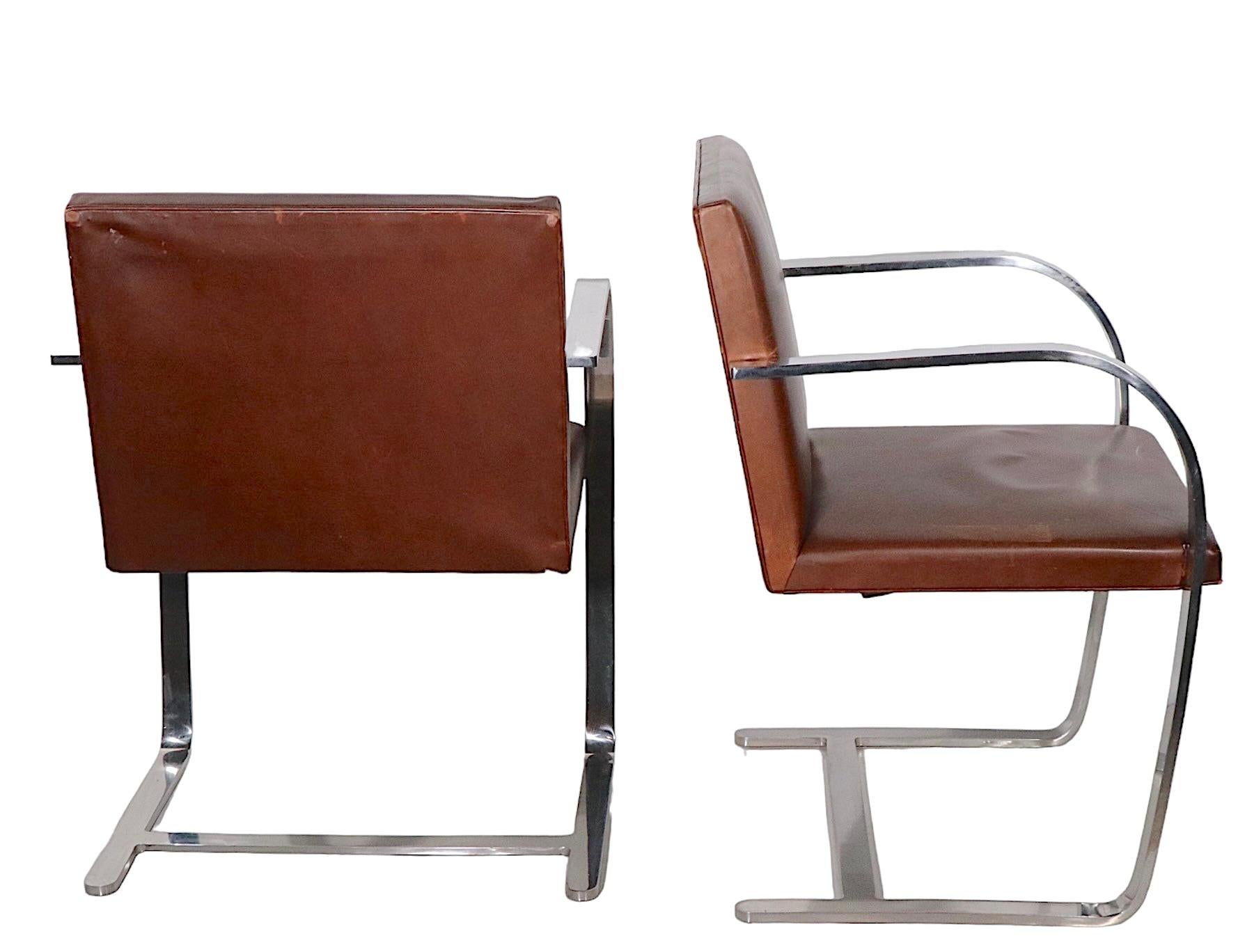 American Pr. Meis Van Der Rohe Designed Brno Chairs by Knoll in Brown Leather