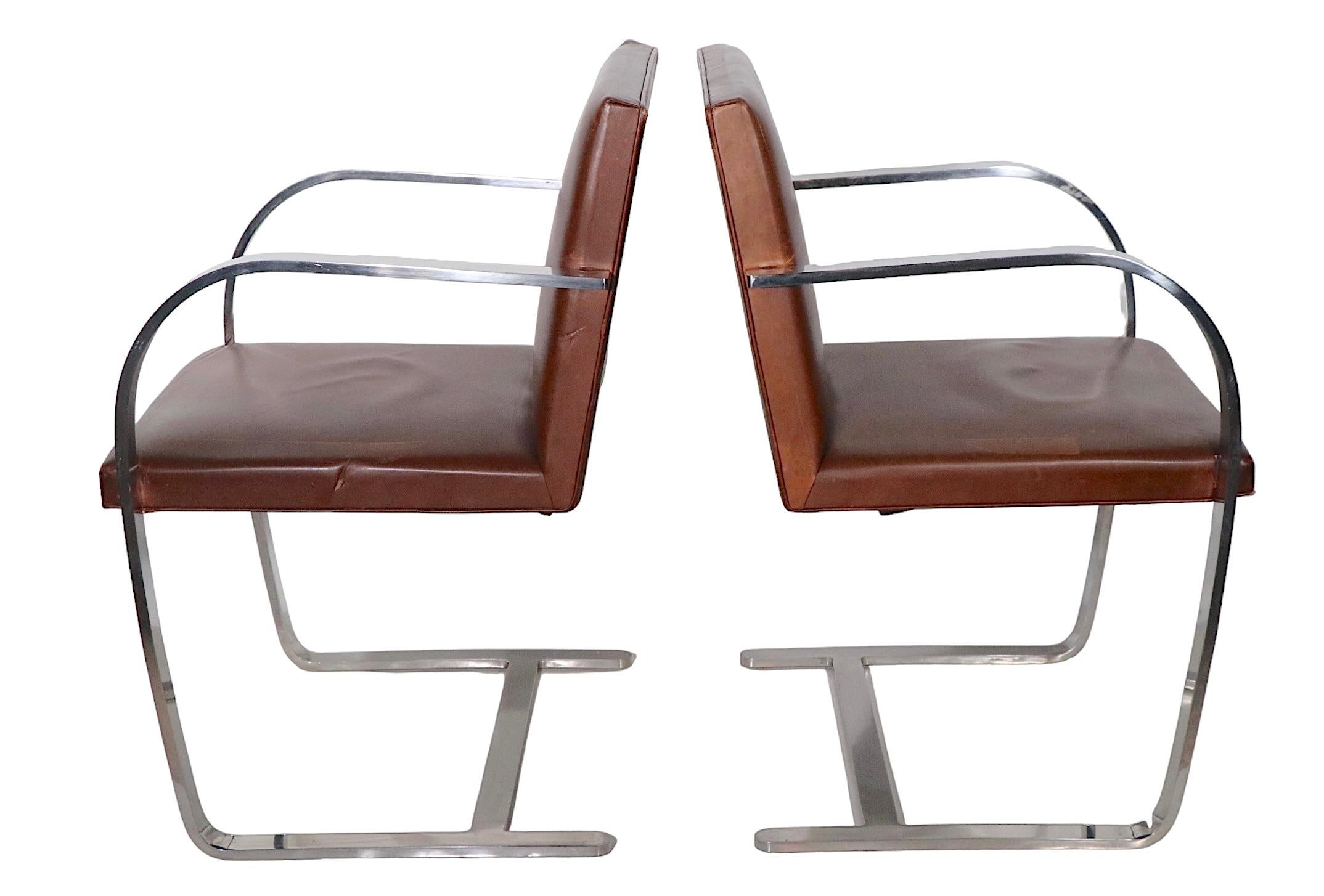 Pr. Meis Van Der Rohe Designed Brno Chairs by Knoll in Brown Leather In Good Condition In New York, NY