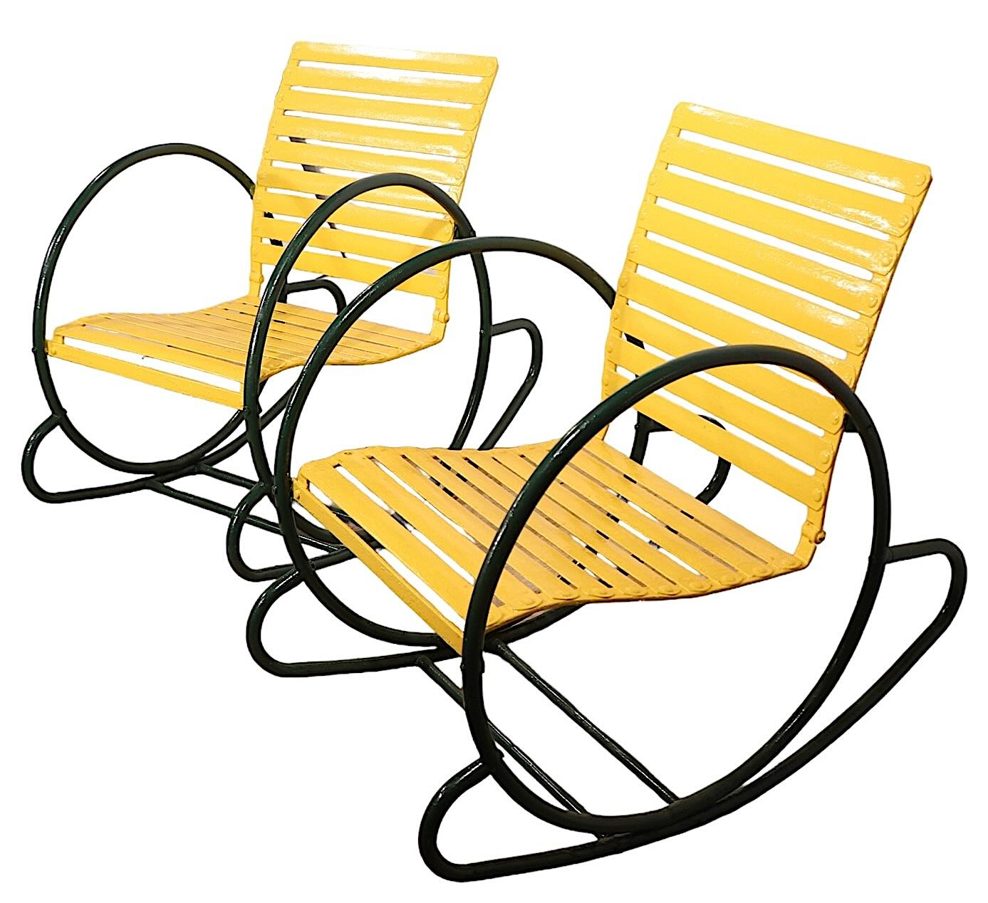 Pr.  Metal Art Deco Hoop Garden Patio Poolside  Rocking Chairs c. 1930's 6