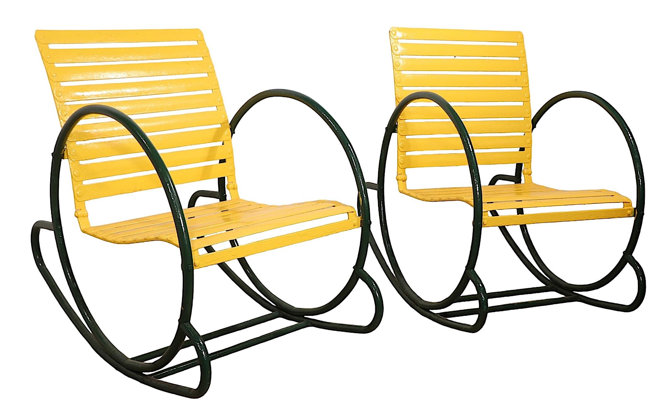 Pr.  Metal Art Deco Hoop Garden Patio Poolside  Rocking Chairs c. 1930's 8