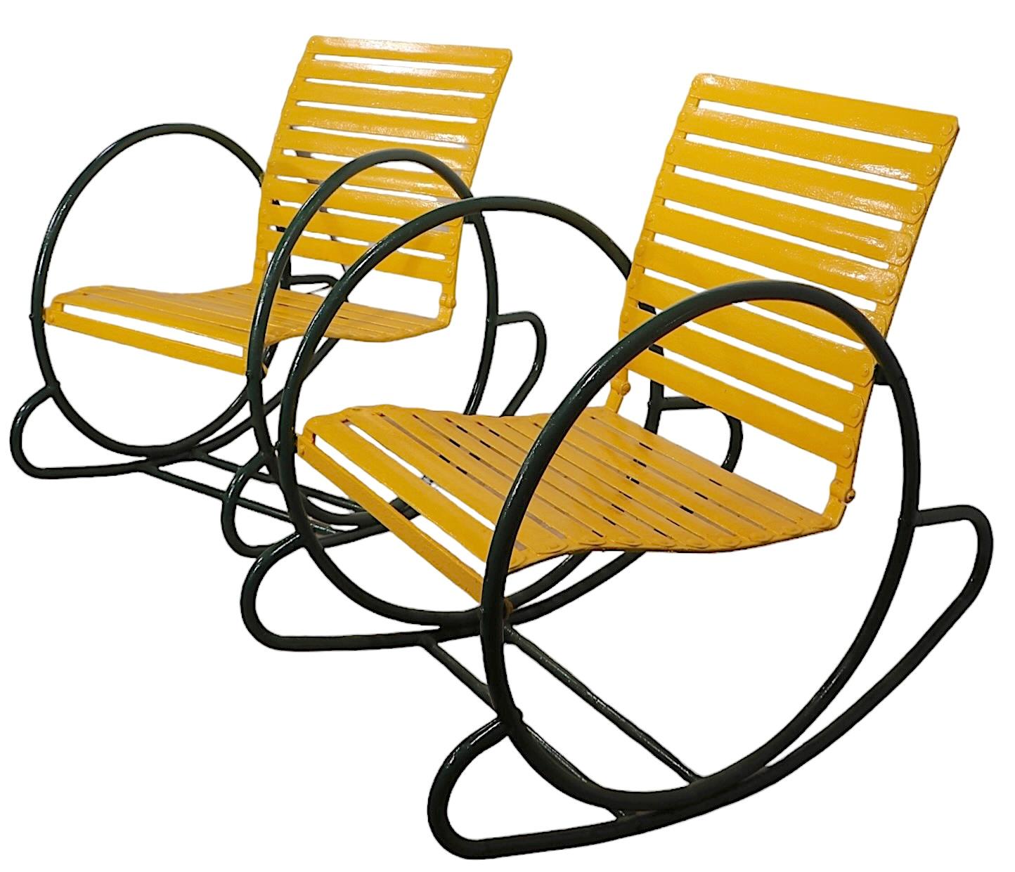 Pr.  Metal Art Deco Hoop Garden Patio Poolside  Rocking Chairs c. 1930's 9