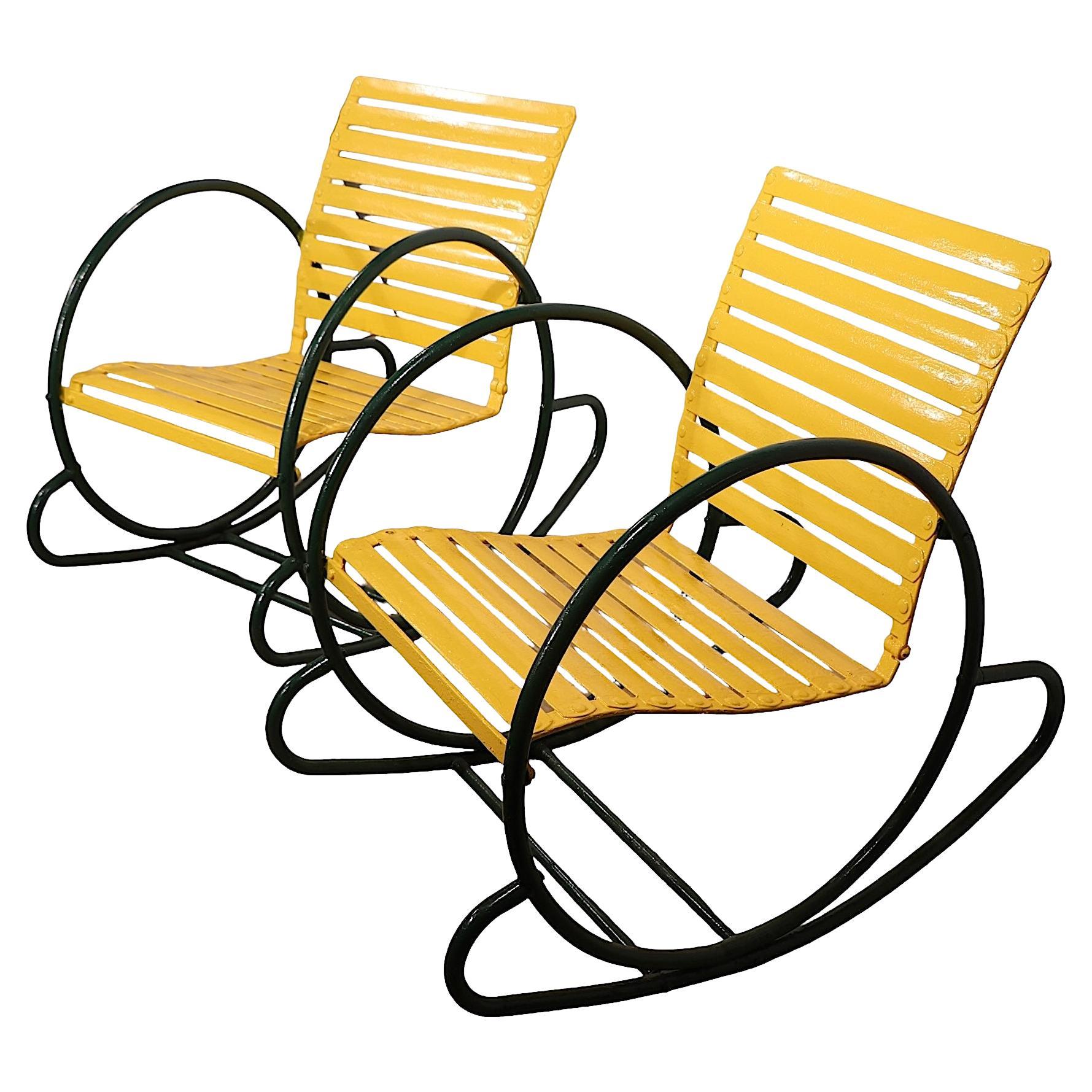 American Pr.  Metal Art Deco Hoop Garden Patio Poolside  Rocking Chairs c. 1930's