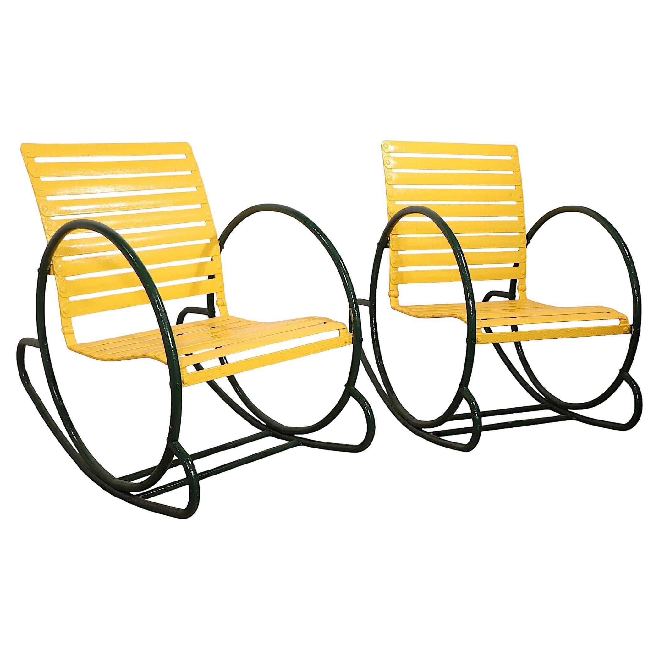 Pr.  Metal Art Deco Hoop Garden Patio Poolside  Rocking Chairs c. 1930's In Good Condition In New York, NY