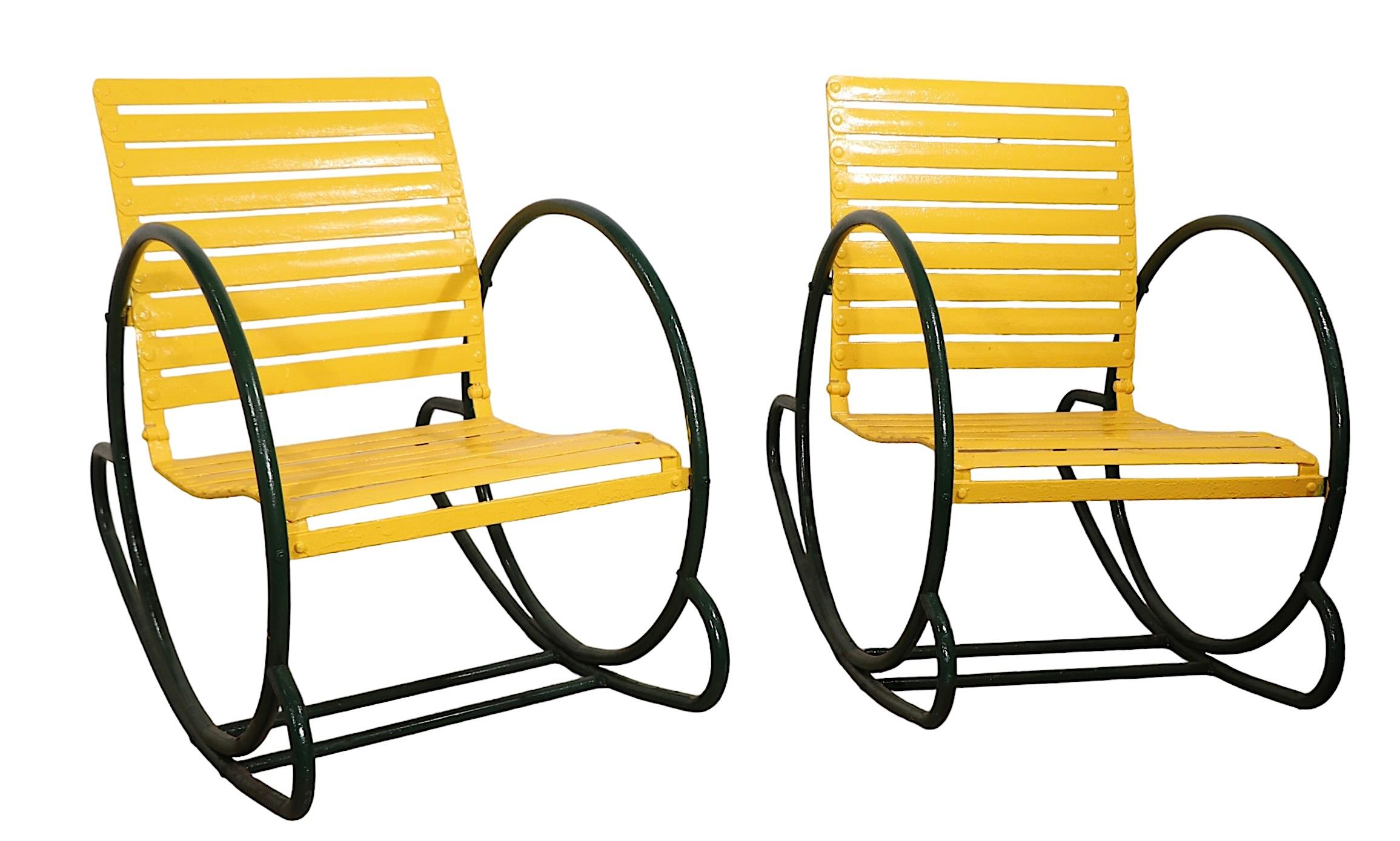 Steel Pr.  Metal Art Deco Hoop Garden Patio Poolside  Rocking Chairs c. 1930's