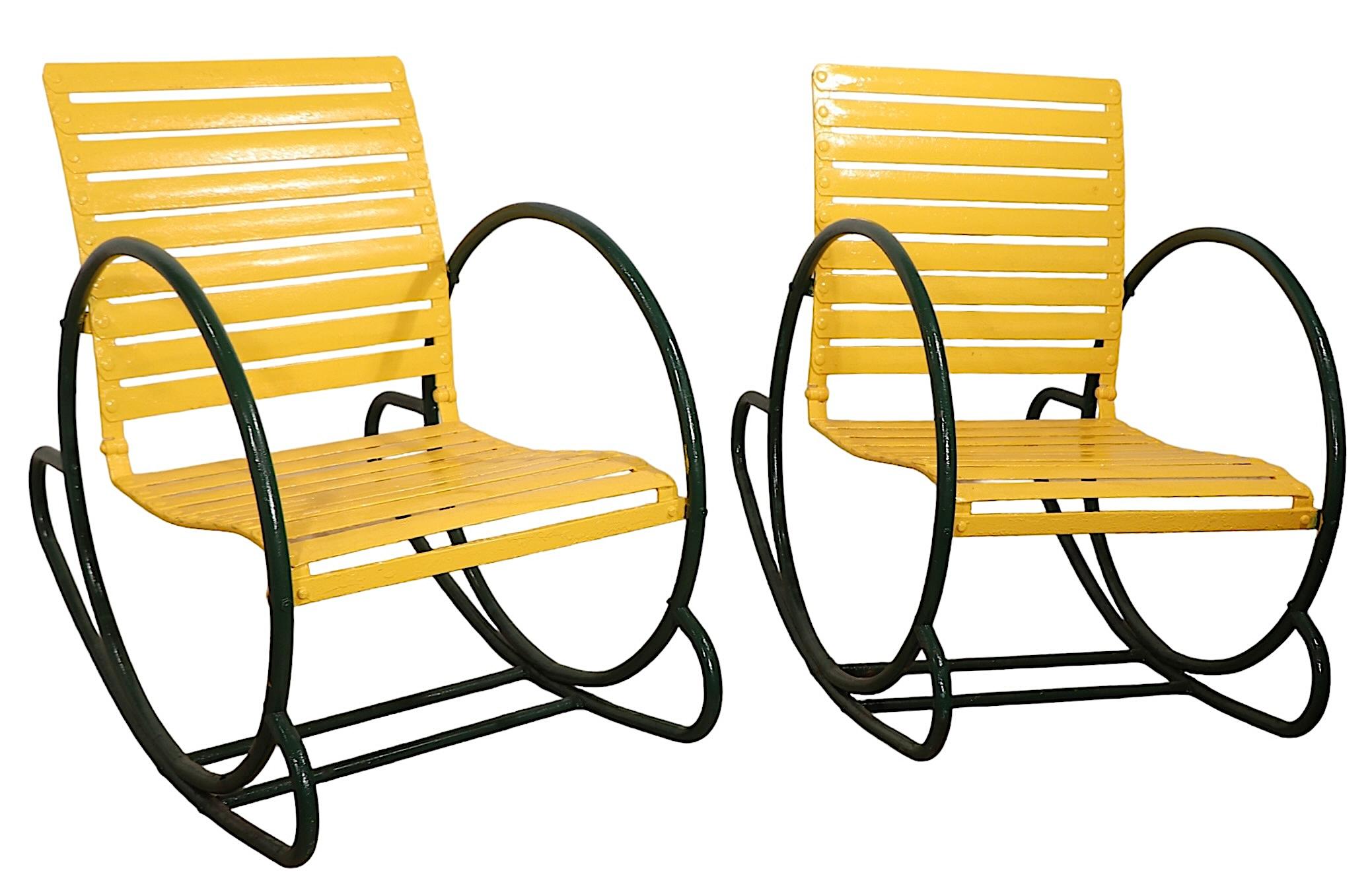 Pr.  Metal Art Deco Hoop Garden Patio Poolside  Rocking Chairs c. 1930's 3