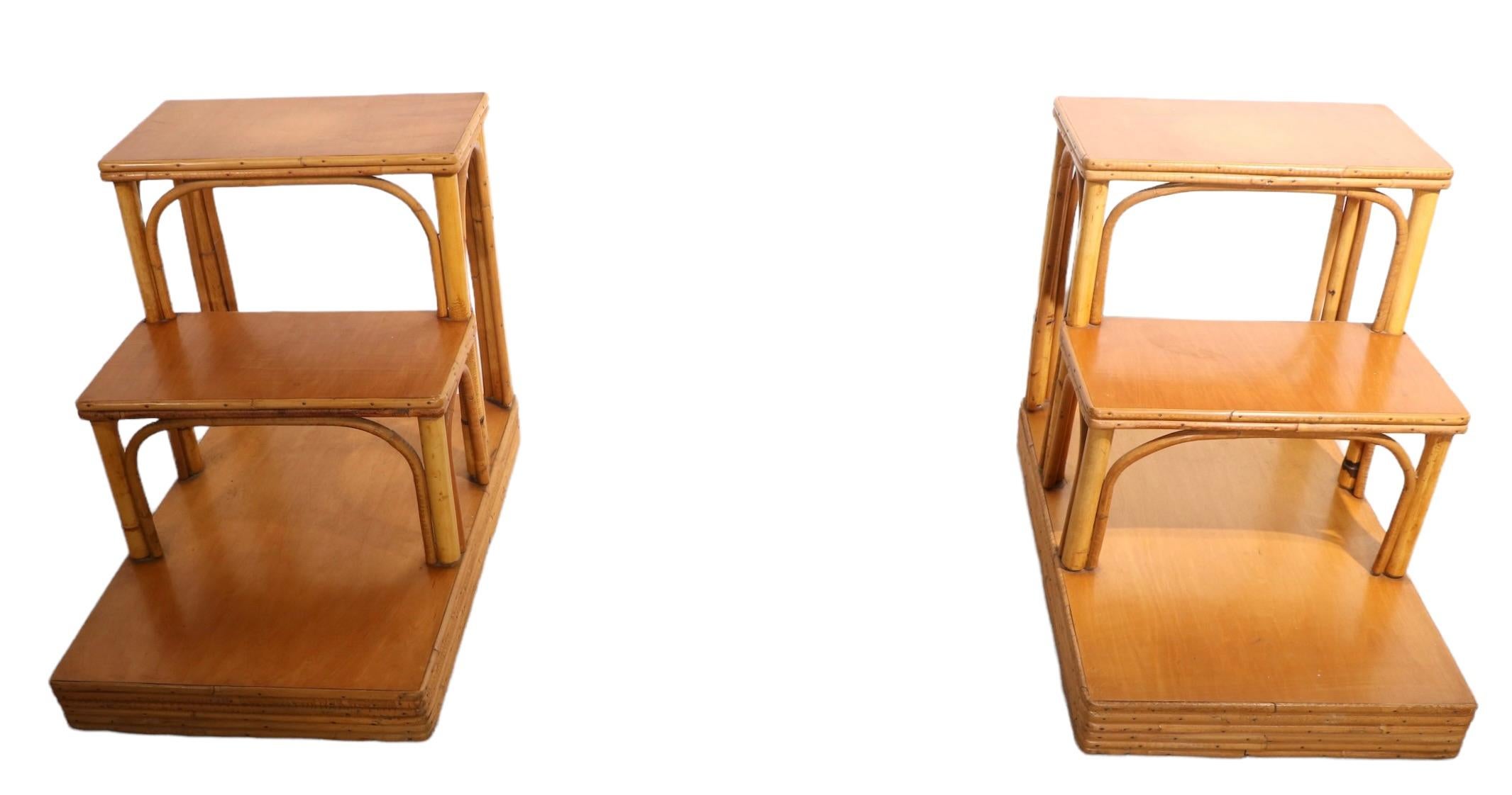 Mid-Century Modern Pr Mid Century Art Deco Bamboo Step End Tables by Ficks Reed  For Sale
