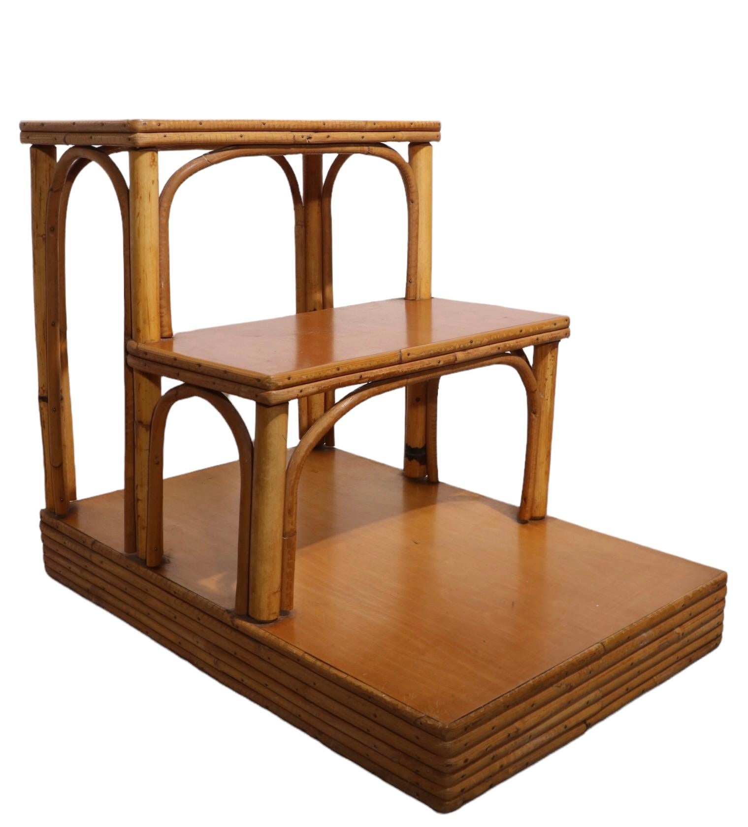 Pr Mid Century Art Deco Bamboo Step End Tables by Ficks Reed  In Good Condition For Sale In New York, NY