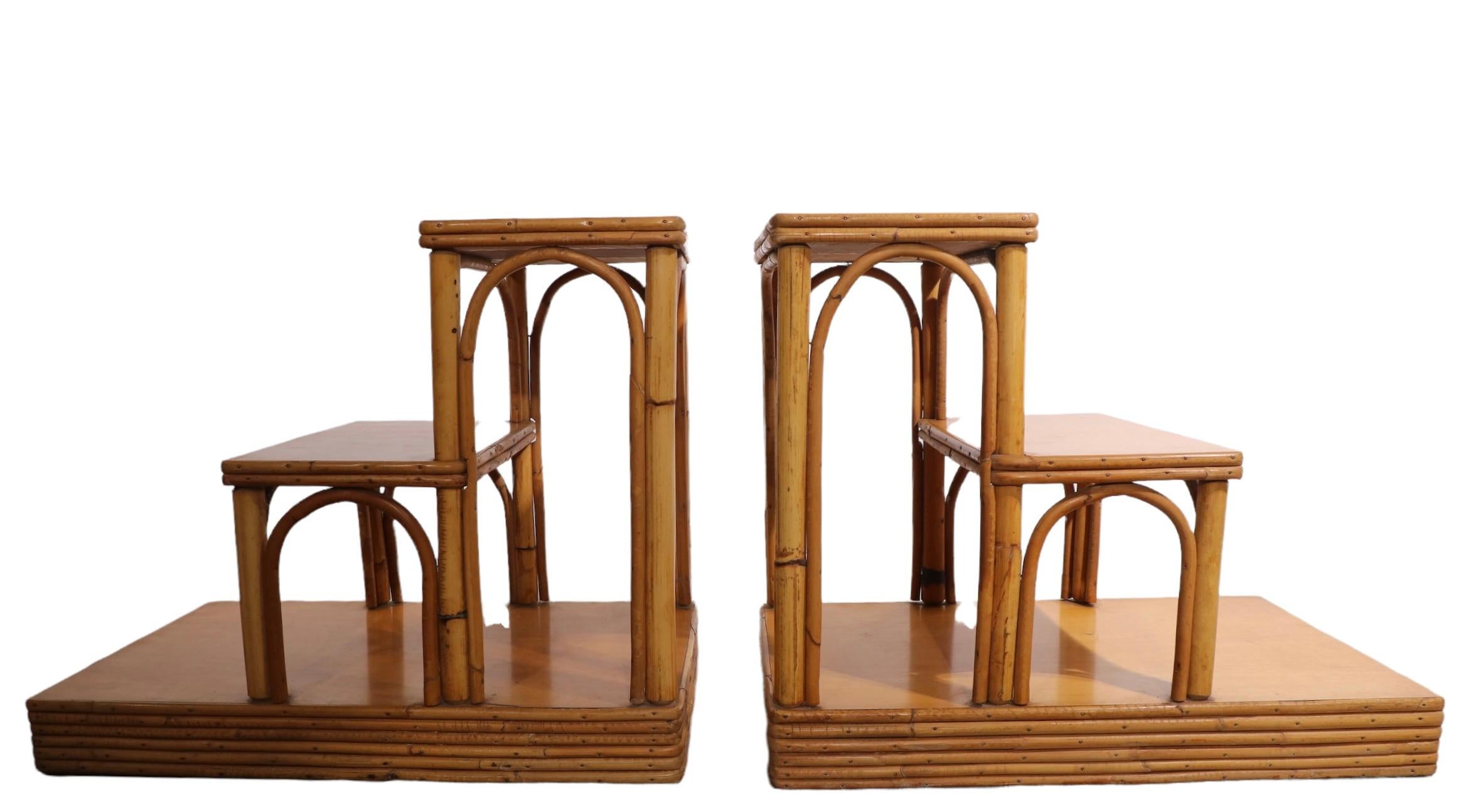 20th Century Pr Mid Century Art Deco Bamboo Step End Tables by Ficks Reed  For Sale