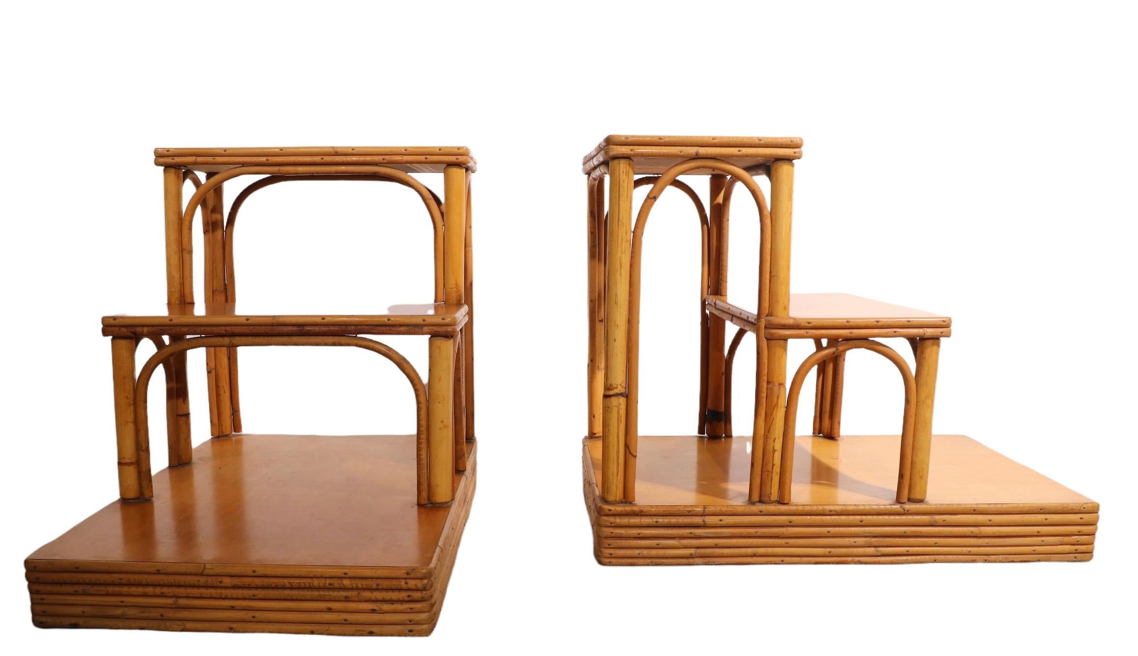 Upholstery Pr Mid Century Art Deco Bamboo Step End Tables by Ficks Reed  For Sale