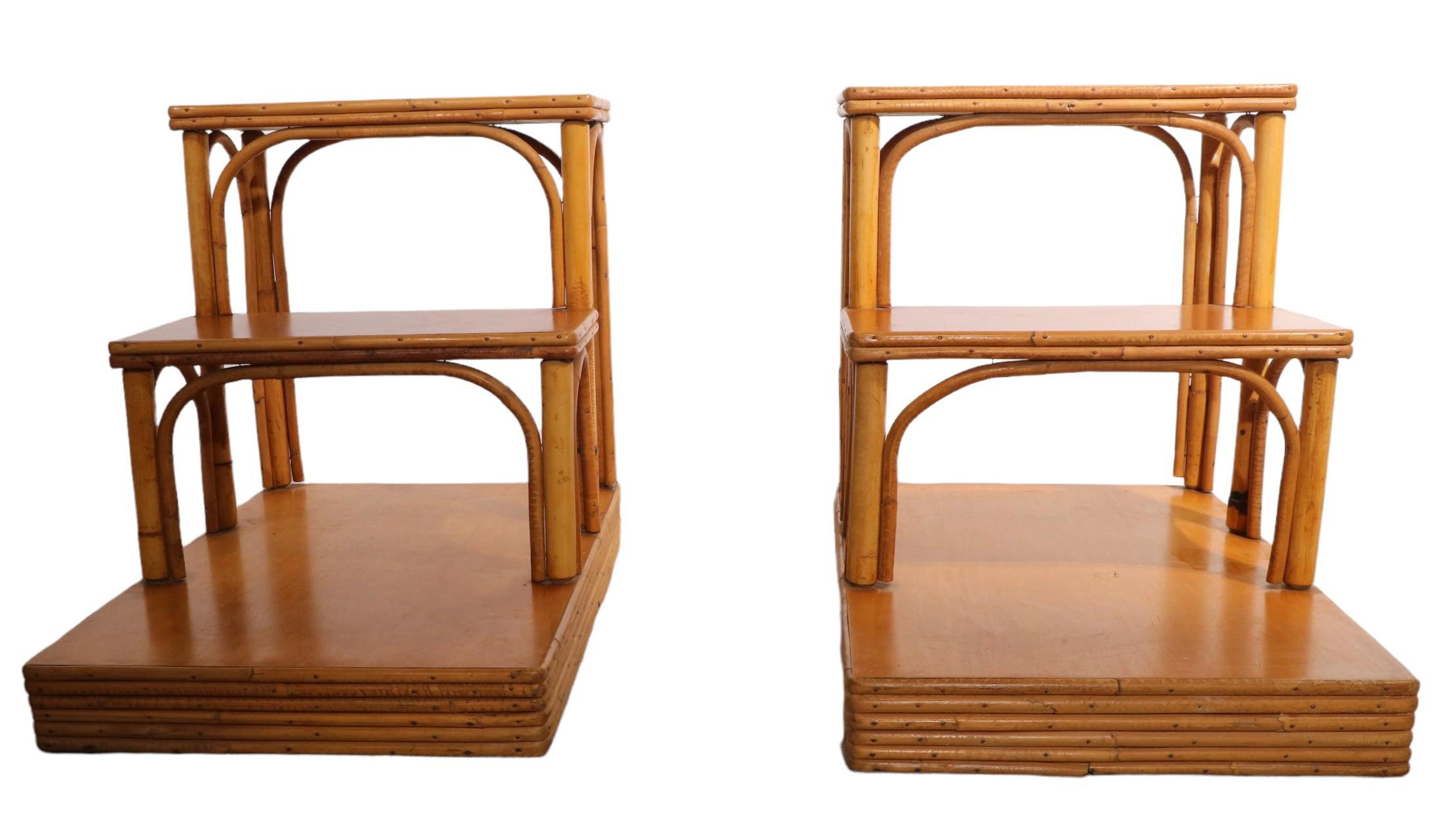 Pr Mid Century Art Deco Bamboo Step End Tables by Ficks Reed  For Sale 1