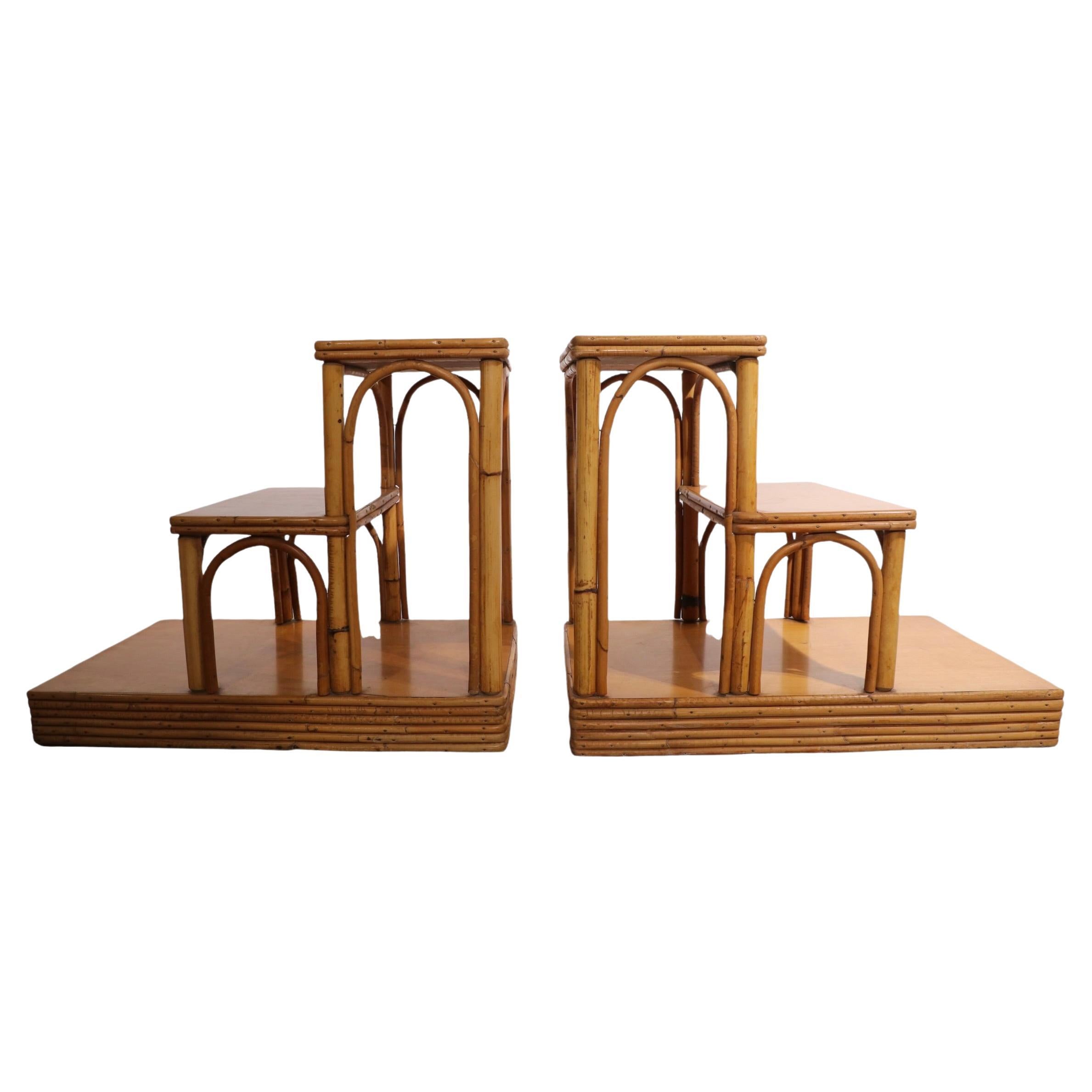 Pr Mid Century Art Deco Bamboo Step End Tables by Ficks Reed 