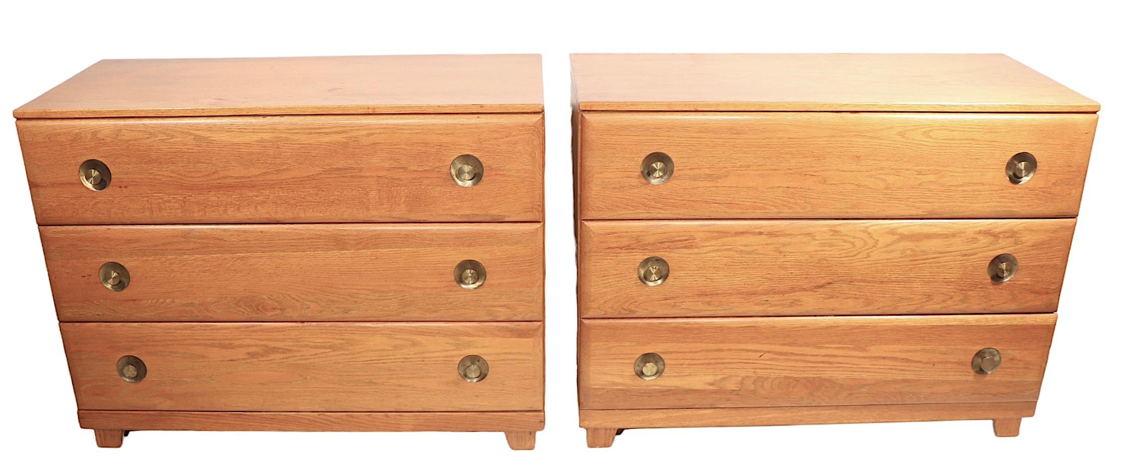 Pr. Mid Century  Bachelors Chests in Cerused Oak with Brass Pulls C 1950's For Sale 4