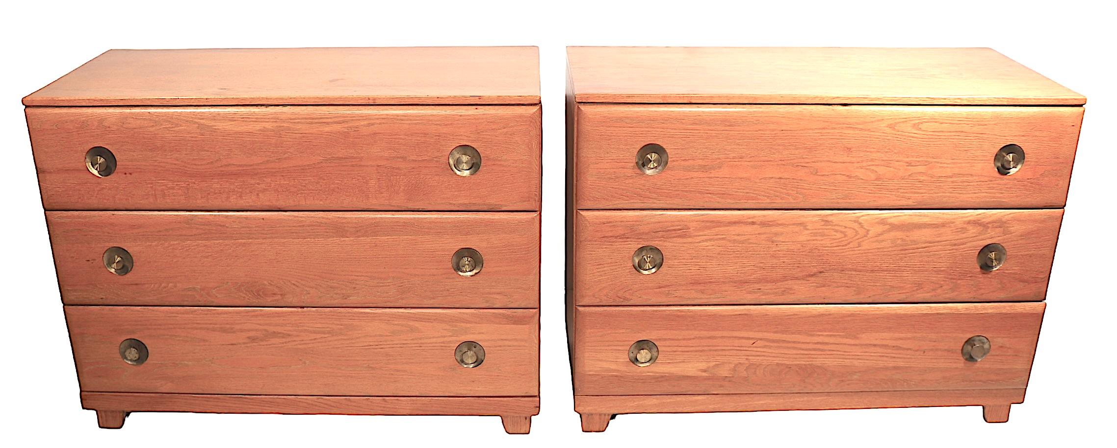 Pr. Mid Century  Bachelors Chests in Cerused Oak with Brass Pulls C 1950's For Sale 5