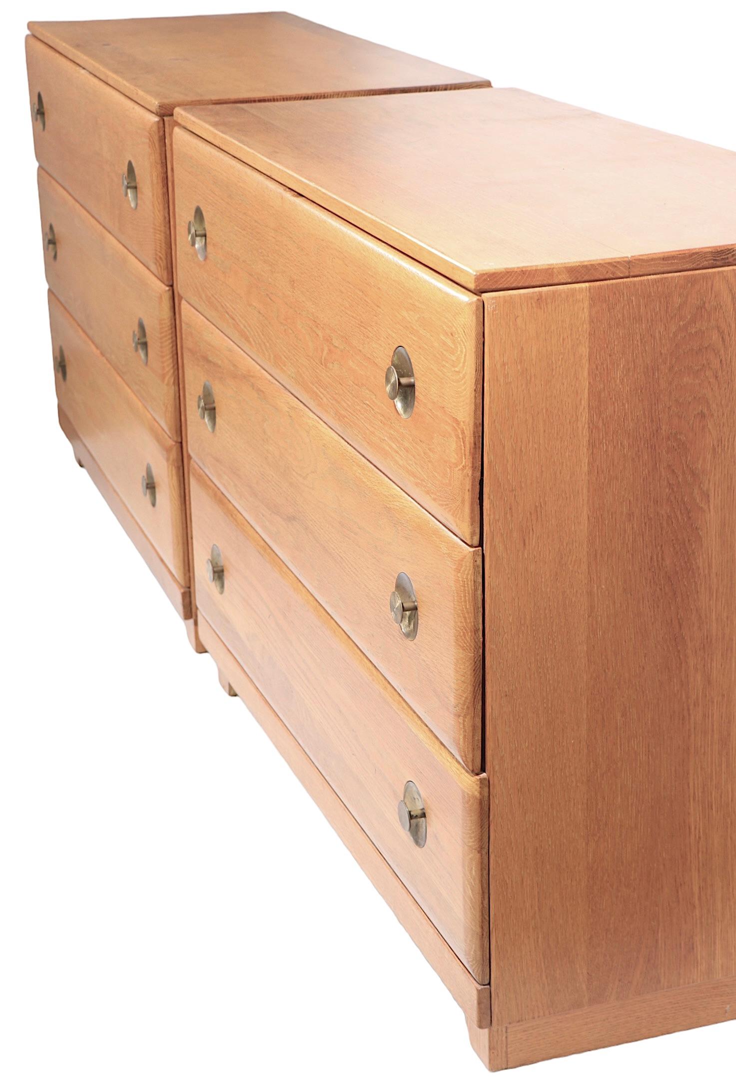 20th Century Pr. Mid Century  Bachelors Chests in Cerused Oak with Brass Pulls C 1950's For Sale