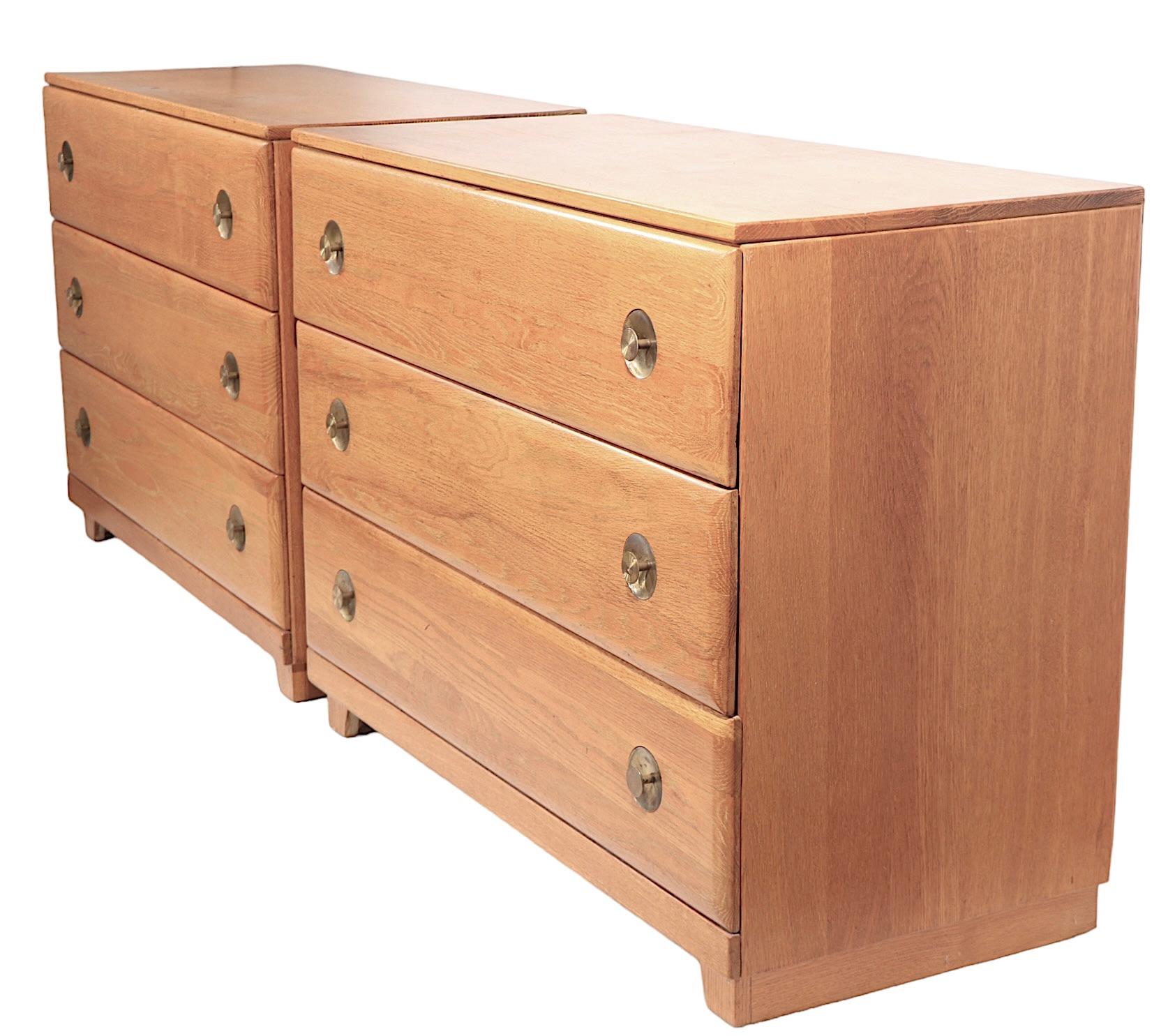 Pr. Mid Century  Bachelors Chests in Cerused Oak with Brass Pulls C 1950's For Sale 1