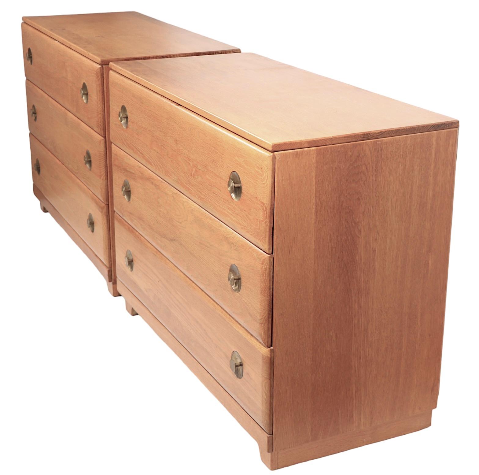 Pr. Mid Century  Bachelors Chests in Cerused Oak with Brass Pulls C 1950's For Sale 2